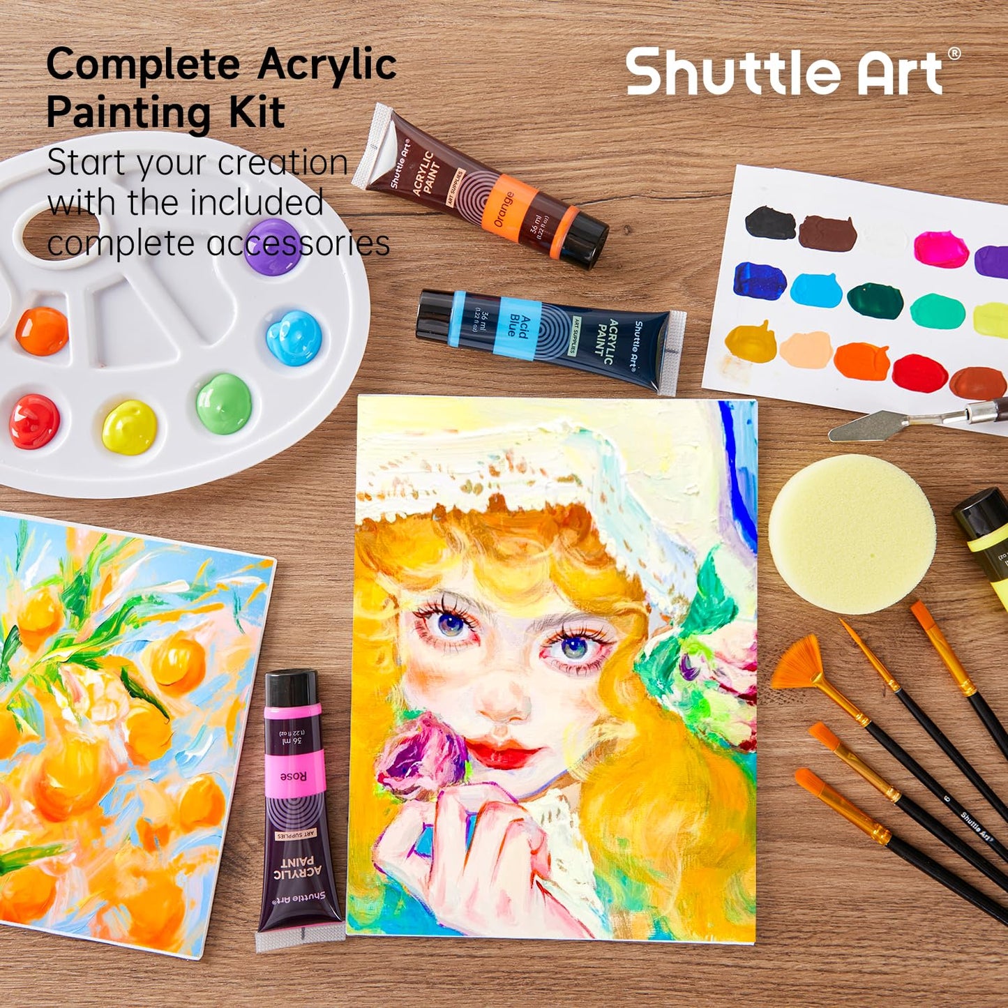 Shuttle Art 48 Pack Acrylic Paint Set, 30 Colors Acrylic Paint (36ml) with 10 Brushes 5 Canvas 1 Paint Knife 1 Palette 1 Sponge, Complete Set for Kids, Adults Painting on Canvas Rocks Wood Ceramic