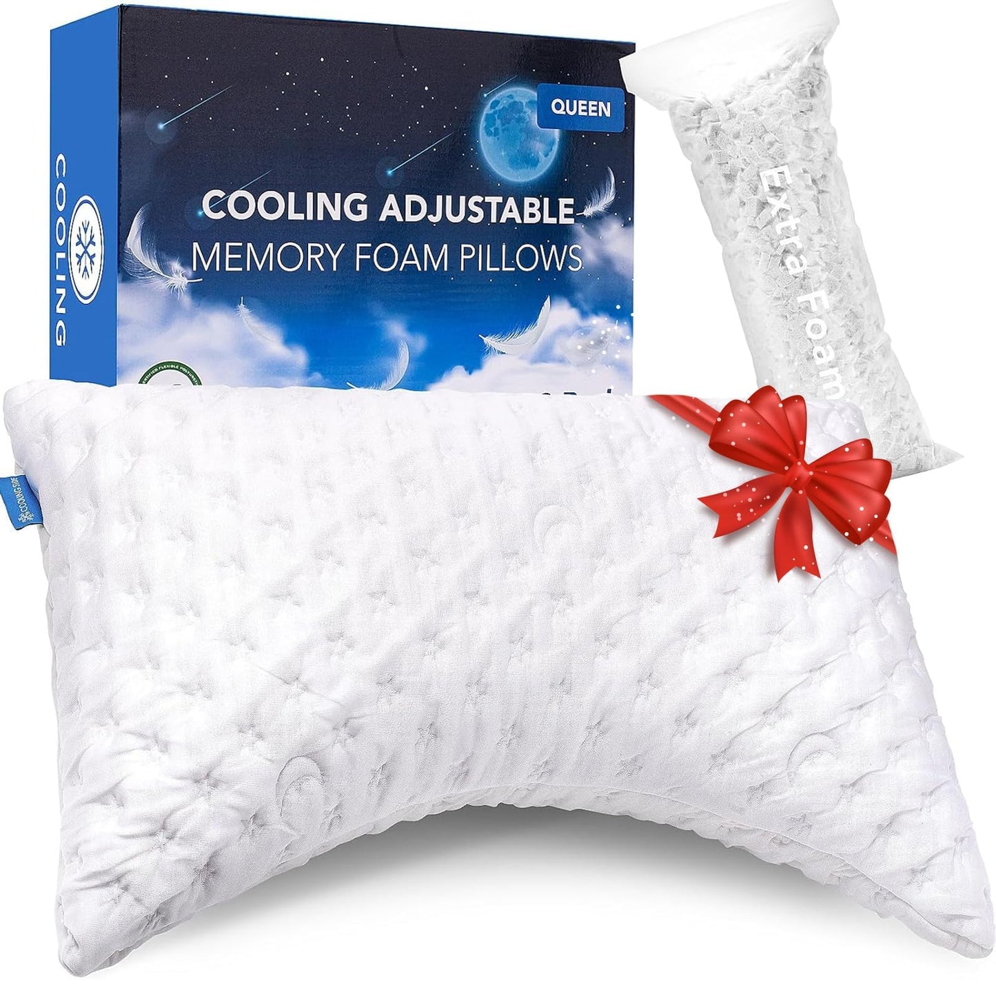 Cooling Side Sleeper Pillow for Neck and Shoulder, Luxury Shredded Memory Foam Curved Bed Pillows for Sleeping Set of 1- Adjustable Queen Size- Washable Cover Crescent White