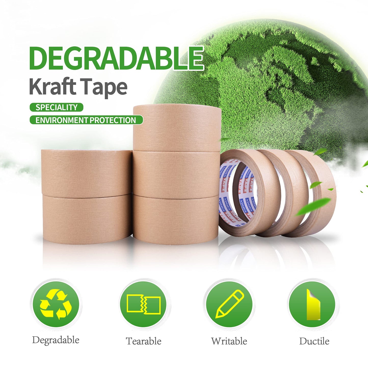 ADHES Biodegradable Kraft Paper Tape, Eco Friendly & Writable & Uncoated Paper Packing Tape Brown Packing Tape for Masking, Sealing, and Packaging Use, 2 inch x 55 Yards, 6 Rolls