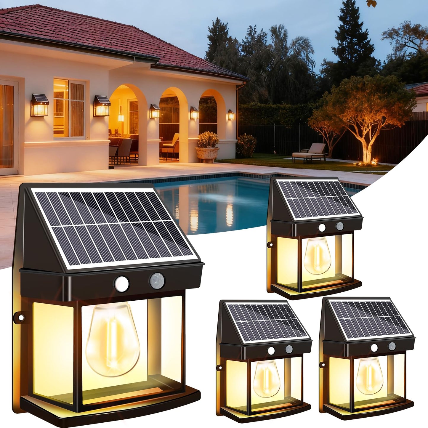 Baiston Outdoor Solar Wall Lights: Solar Fence Lights, 3000K with Motion Sensor, IP65 Waterproof, Wireless Solar Lamps for Garden, Patio, Terrace, Entrance, 4 Packs