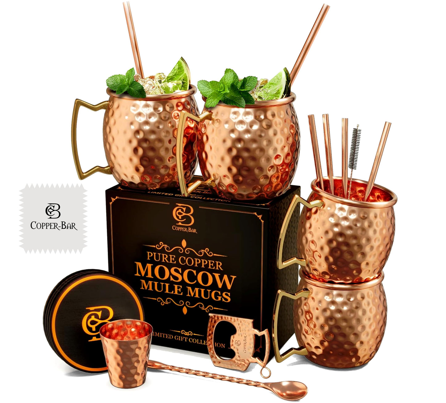 COPPER-BAR Moscow Mule Copper Mugs - Unique HANDCRAFTED Gift Set of 2, Hammered by Artisan, 100% Pure Solid Copper Cups 16oz for Drinking Water & Cocktails, Include 13 Pcs accessories & Special Opener