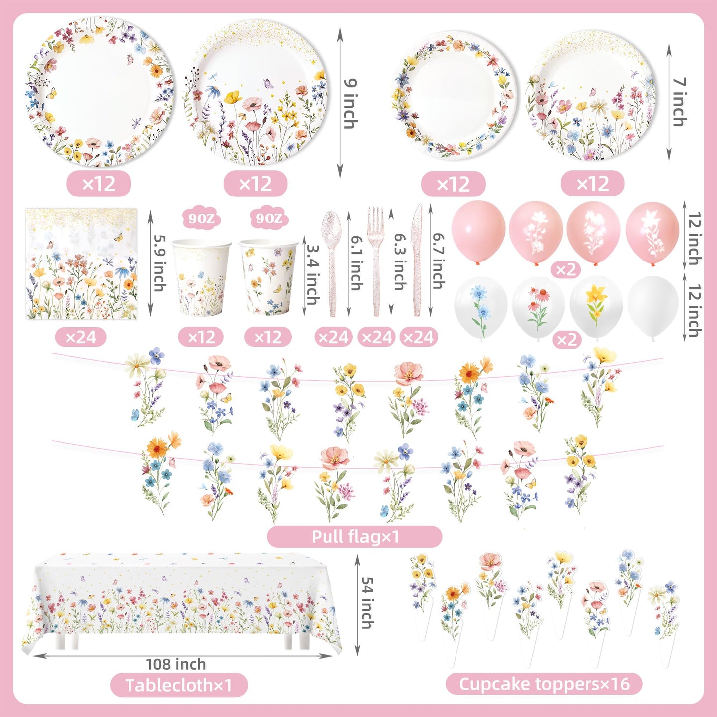 202PCS Wildflower Party Decorations Set for 24 Guests – Floral Plates, Cups, Napkins, Banner, Balloons, Tablecloth & Cutlery | Garden Baby Shower, Spring Birthday Party Supplies