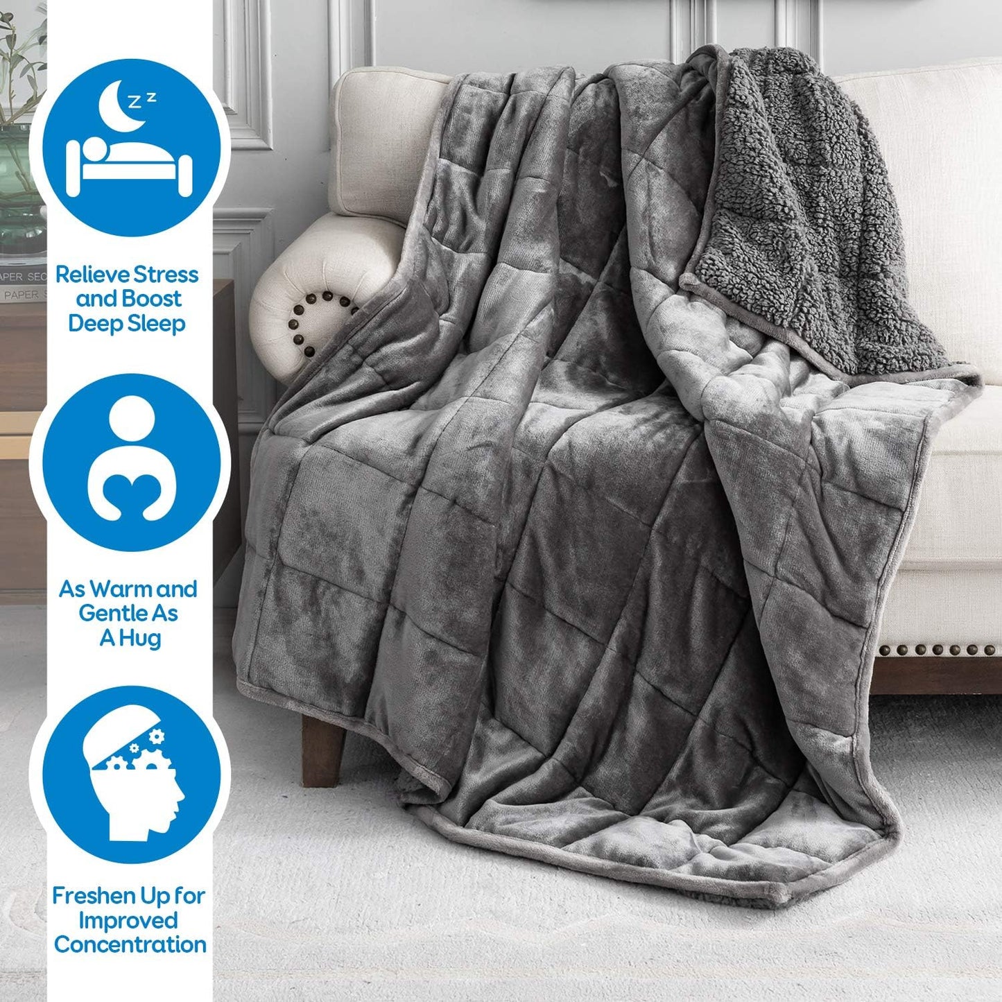 Cottonblue Sherpa Fleece Weighted Blanket 15lbs for Adults Queen Size Bed, Soft Cozy Flannel Heavy Blankets Throw for Calming Sleeping Relaxing, Fuzzy Warm Blanket for Sofa Bed, 60x 80 inches, Grey