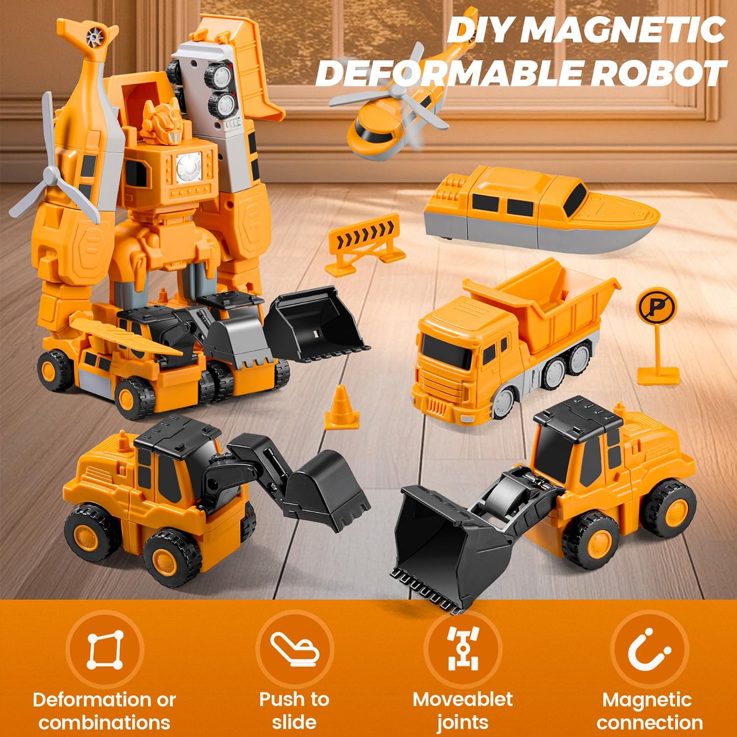 SJYN Magnetic Transform Engineering Car Assembled Toys with Storage Box, Toys for Toddlers Kids Magnetic Blocks, Construction Vehicle Magnetic Building Sets Ages 3-8 (35 Pieces)