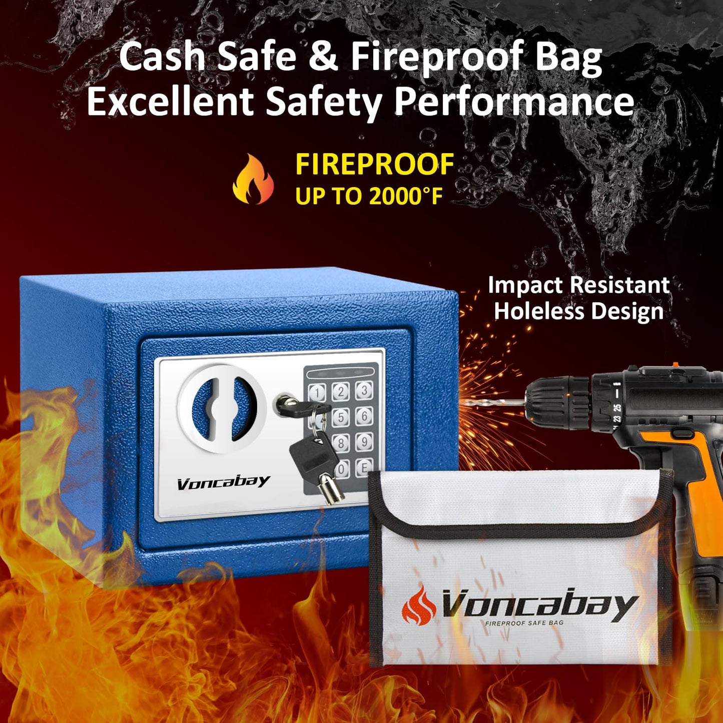 Voncabay Money Safe Box for Home with Sensor Light & Fireproof Security Safe Box for Money Safe with Keys & Pass Code, Lock Box Fireproof Safe with Digital Keypad Blue