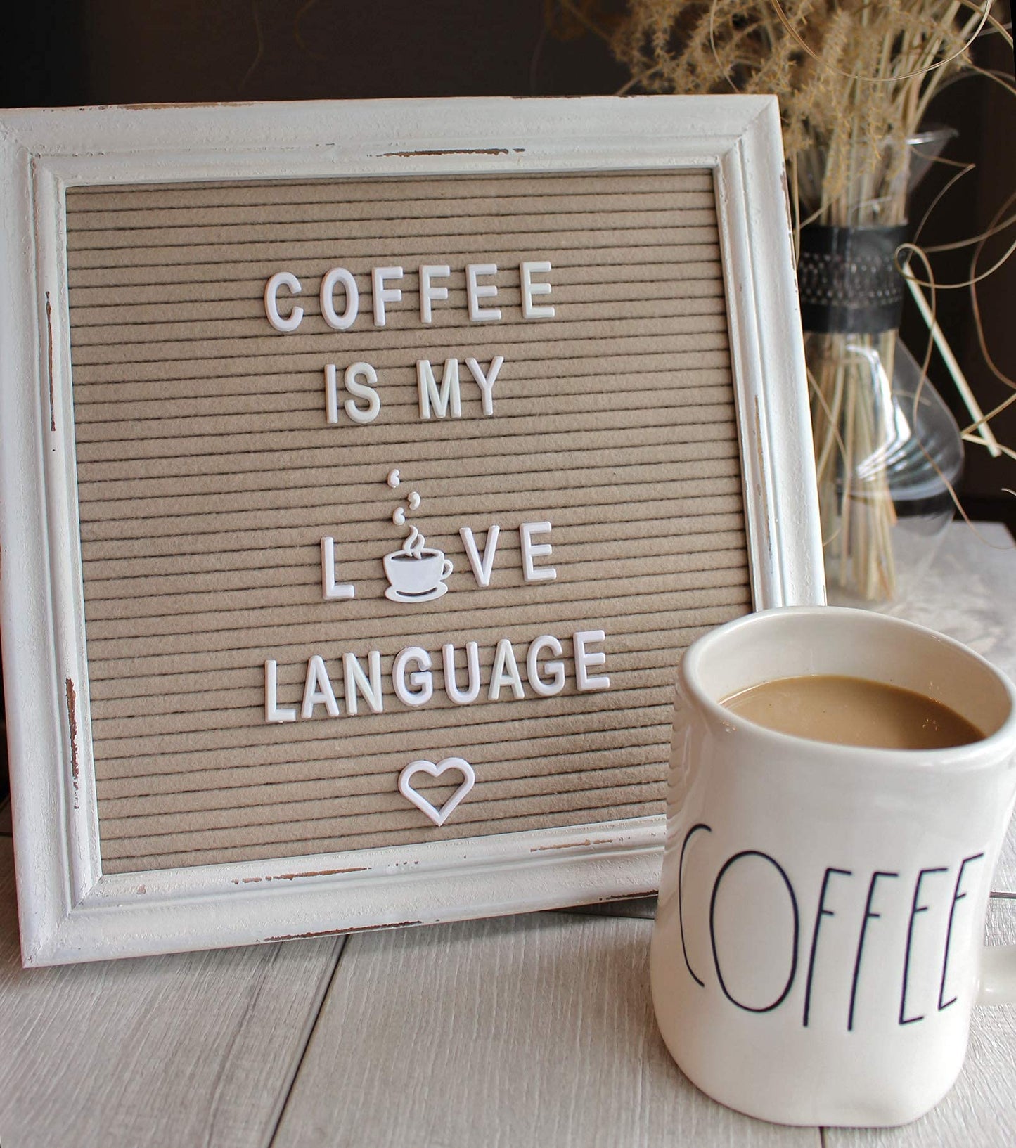 Cappuccino Felt Letter Board Back to School Sign with Rustic Wood White Frame - Farmhouse Letter Board Sign with Stand - Baby Announcement 10x10 Felt Board Changeable Message Board with 350 Letter Set