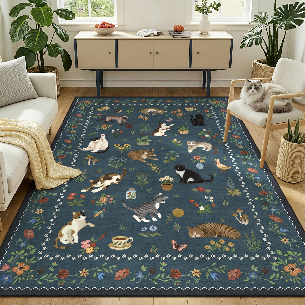 5x7 Area Rugs Living Room Rug - Floral Animal Boho Non-Slip Washable Carpet, Low Pile Non-Shedding Stain Resistance Boho Soft Carpet for Bedroom, Kids Playroom, Dining Room, Farmhouse (5'x7' Blue)