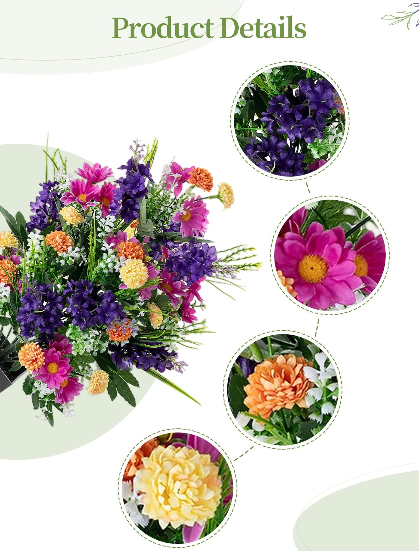 Memobloom Artificial Cemetery Flowers for Grave: Memorial Day Flowers for Cemetery - Outdoor Grave Decorations - 2 Pcs Purple Violet Mums Bouquets with Vases