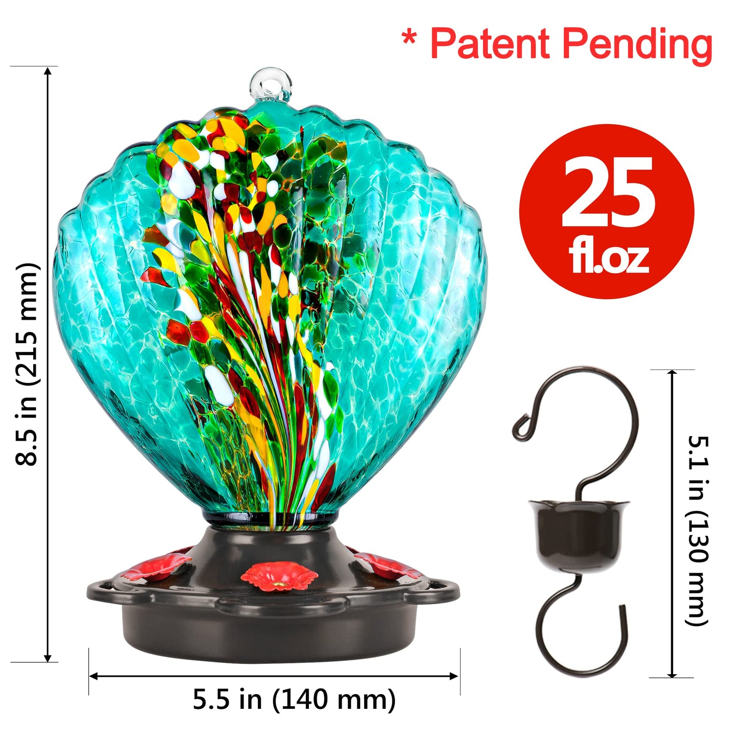 LUJII Seashell Shaped Hummingbird Feeder for Outdoors Hanging, Hand Blown Glass, Metal Base Cover, No Leak, 25 fl.oz, Unique Art Glass for Backyard & Outside Decor, Great Gift for Bird Lover, Teal