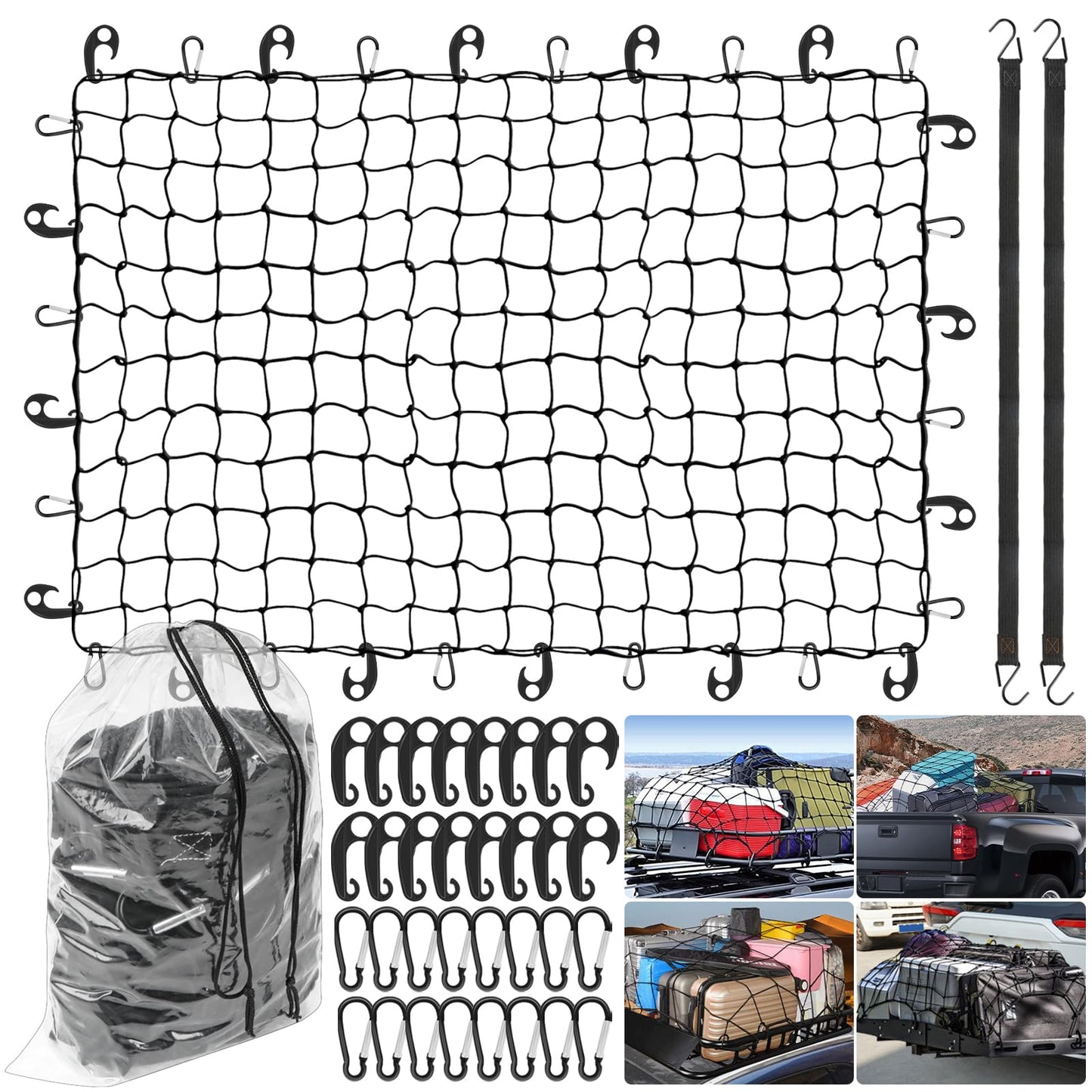 Cargo Net for Truck Bed, Heavy Duty Stretchable Bungee Cargo Net 4x6 ft to 8x12 ft, 5mm Latex-Core Cord, 4"x4" Mesh, 32 Hooks, 2 Extra Bungee Cords, Storage Bag for Pickup Truck SUV Trailer UTV Boat