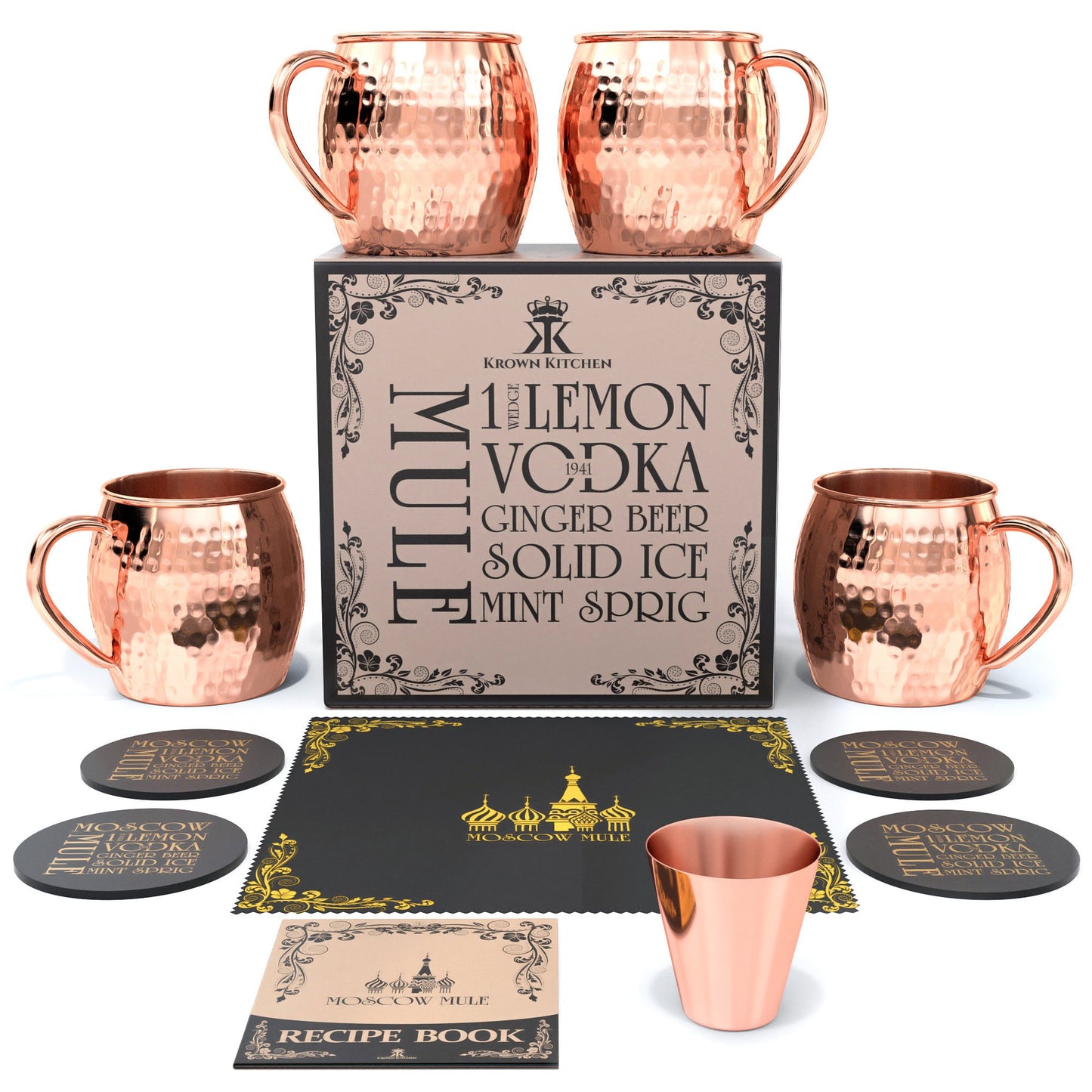 Krown Kitchen - Hammered Moscow Mule Copper Mugs Set of 4 | 100% Solid Copper | 16 oz