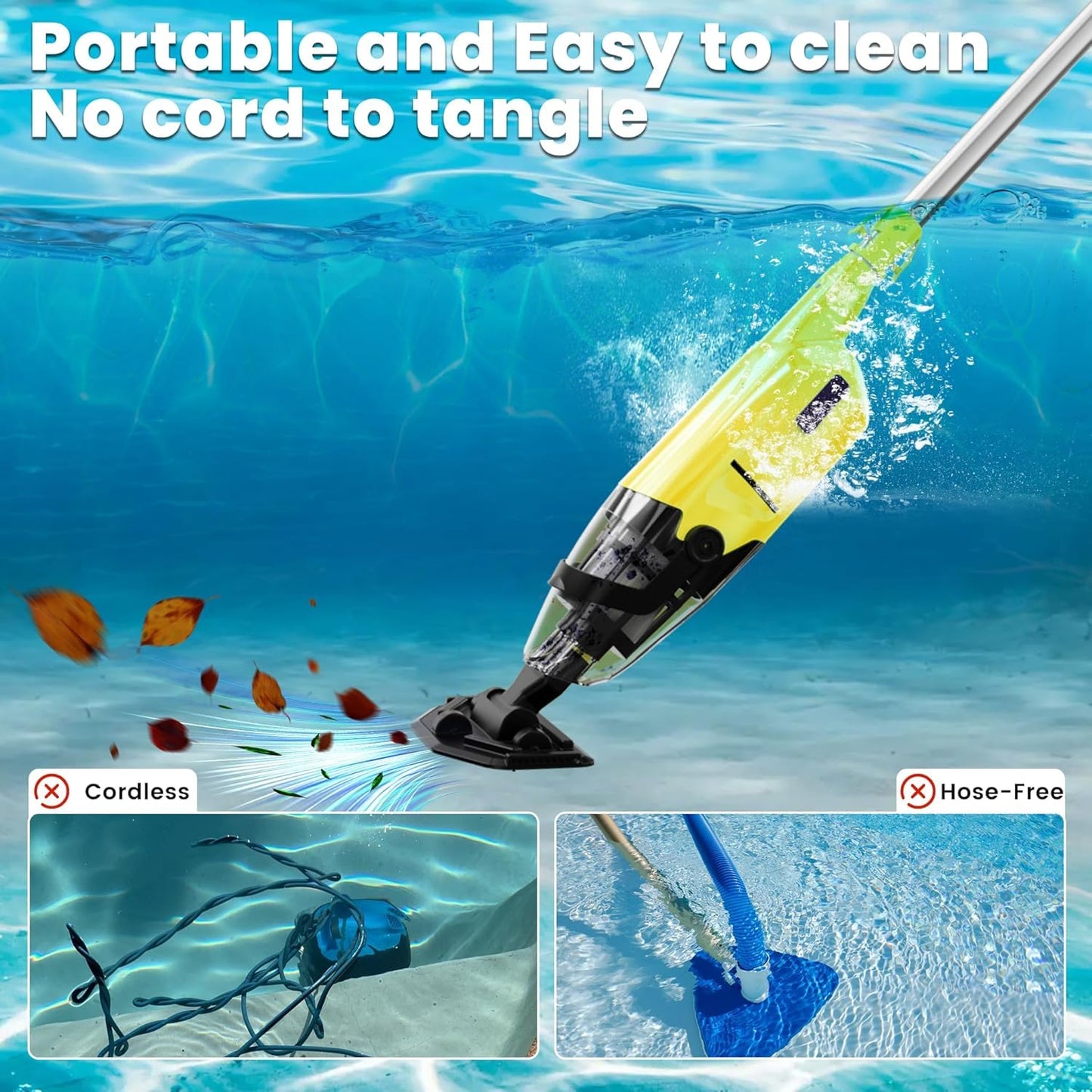 Cordless Pool Vacuum Cleaner for Above Ground Pool & In Ground Rechargeable Pool Vacuum Cleaner - 90 Mins Runtime, with 69" Telescopic Pole, Spa Vacuum for Hot Tub- Fast 3H Charge (Yellow)