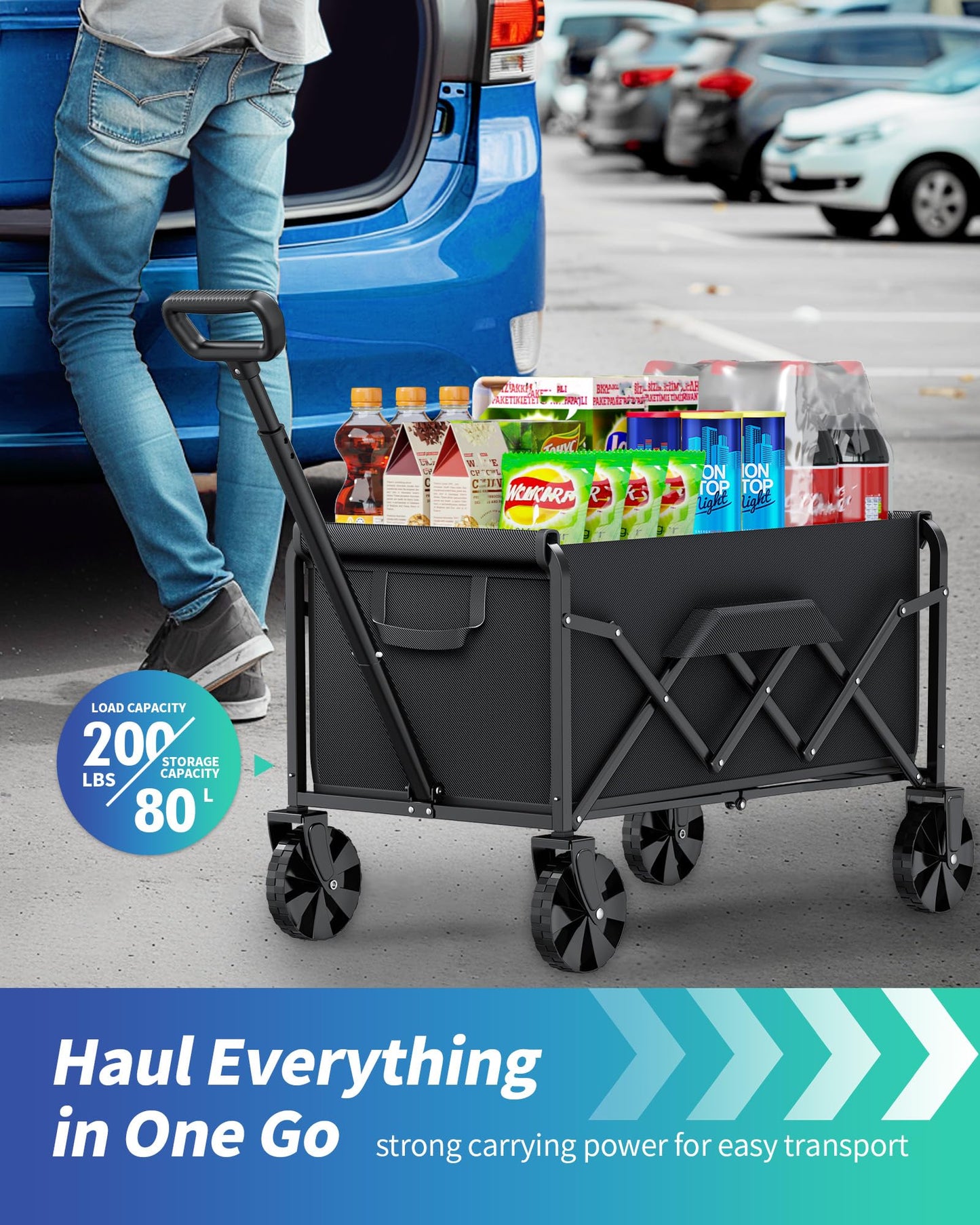 Small WiseBegan Collapsible Wagon with Wheels, Foldable Dog Wagon Carts with 200lbs Load Capacity, Utility Shopping Cart, Black, 28.0" x 17.0" x 36.0"