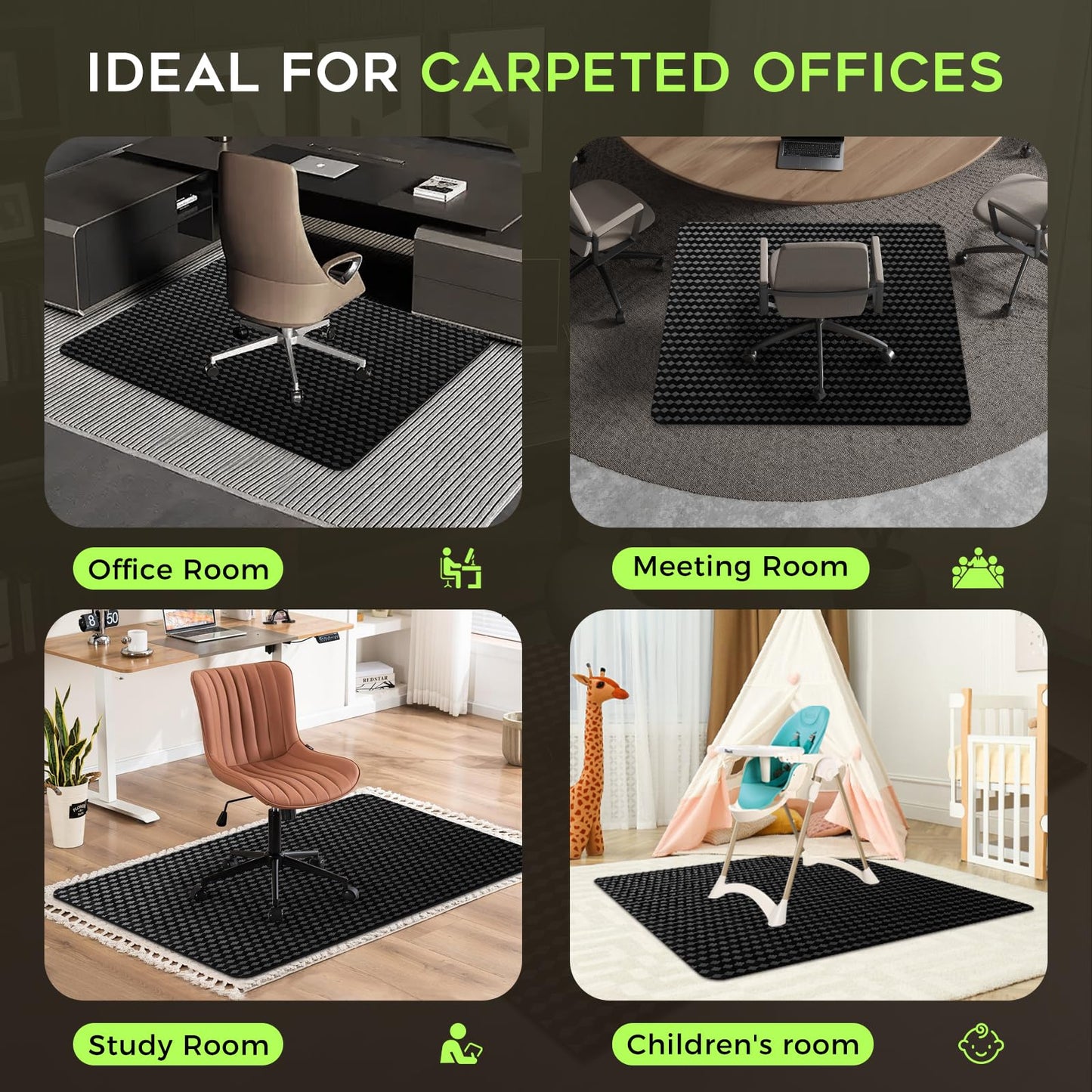 FRUITEAM Office Chair Mat, Unique Diamond-Shaped Pattern, 36" X 48" Computer Chair Mat for Carpet, Non-Slip, Easy Glide PVC Desk Floor Mat for Home, Office, Gaming(Black)