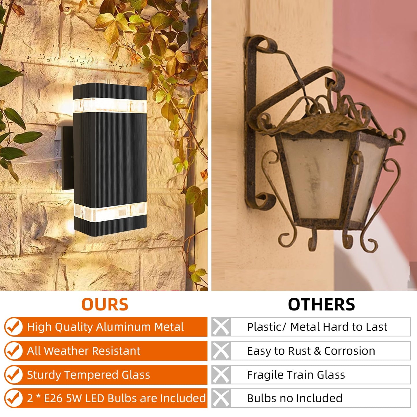 Square Up and Down Lights Outdoor Wall Light E26 with Bulbs Fixture Outdoor Wall Lights Aluminum Waterproof Outdoor Wall Lamps Outdoor Wall Sconce Exterior Lamps for Front Porch Patio Garage (2)