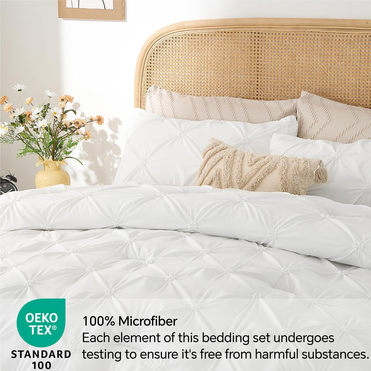 BEDELITE Queen Comforter Set White - 3 Pieces Boho Pintuck Bedding Sets, Queen Size Bed Set with 2 Pillow Shams for All Seasons, Room Decor Valentine's Gift,Lightweight Soft and Warm