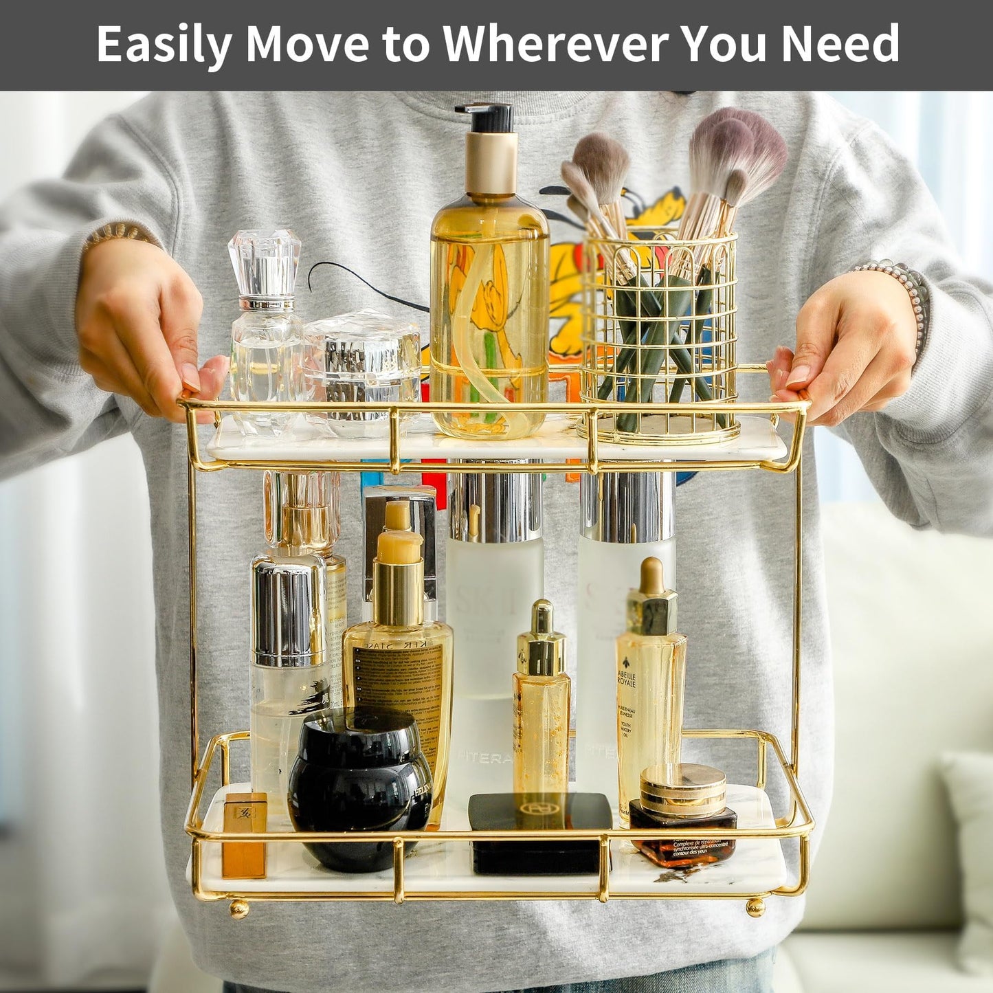 Dobbyby Bathroom Organizer Countertop Perfume Organizer Makeup Organizer Cosmetics Storage Display Rack 2 Tier Vanity Tray Dresser Stainless Steel Shelf Marble Print Ceramic Tray (2 Tier L-Gold)