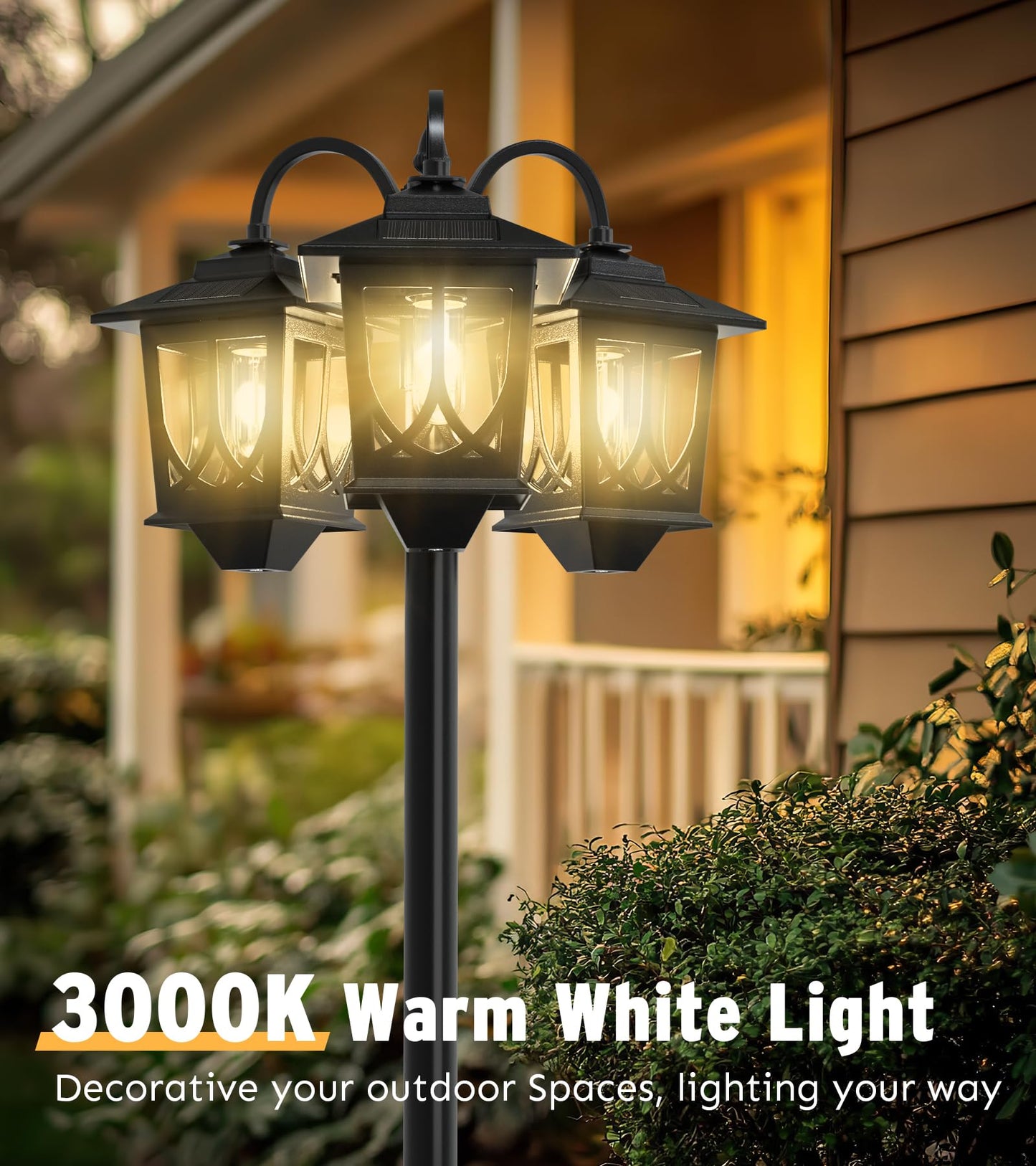 73" Aluminum Solar Lamp Post Light, 3-Head Solar Light Posts for Outside Waterproof, 90Lm Outdoor Lamps for Patio, Backyard, Front Porch Decor, Warm White, Replaceable Bulb