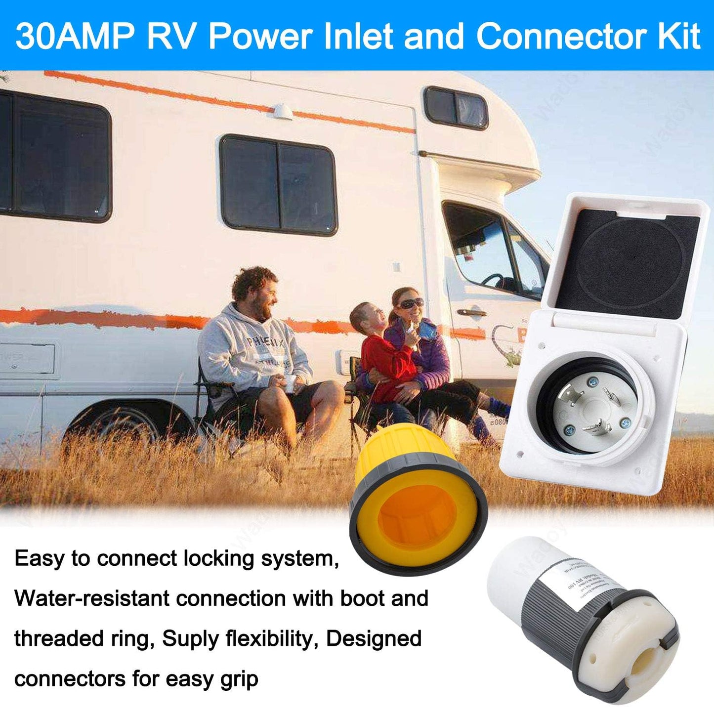 30AMP RV Power Inlet Receptacle, 125V RV Power Plug Twist Lock Inlet, RV Power Female Twist Locking Connector with Weatherproof Cover Boot for Trailer Boat Camper, RV Shore Power Inlet Plug Kit