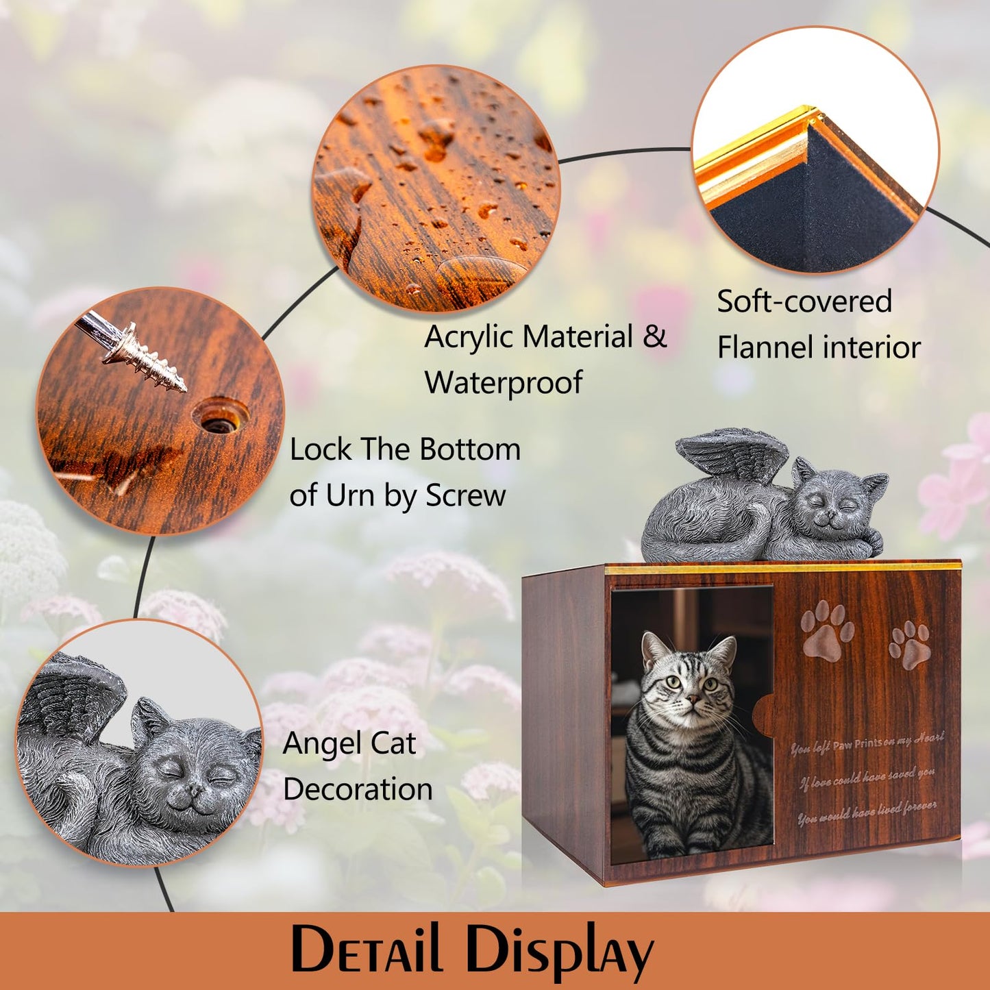 Cityjoy Cat Urn for Ashes - Large Wooden Texture Acrylic Memorial Urn with Angel Cat Statue, Pet Urns for Cats Ashes Keepsake Box - Sympathy Remembrance Gift for Loss of Beloved Pet Urns for Cats