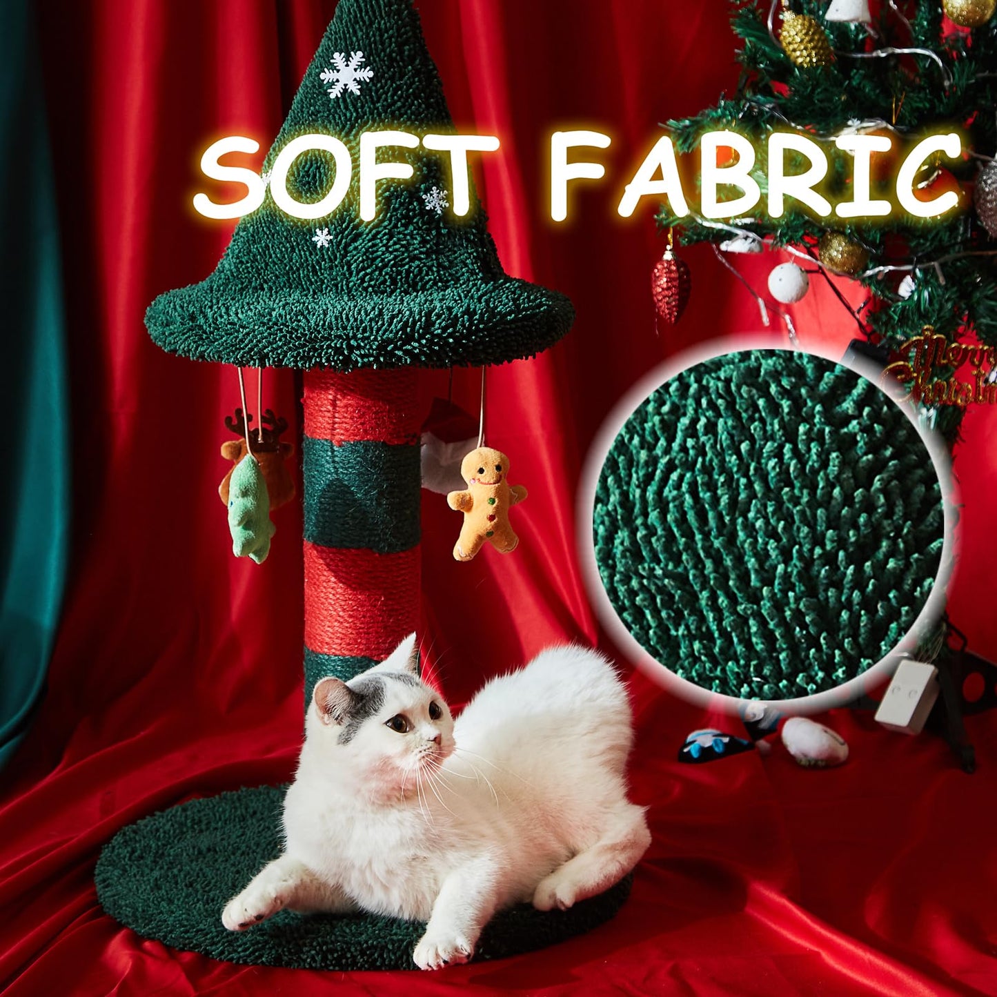 LUCKITTY Cat Scratching Post with 4 Hanging Plush Toy - Christmas Tree Alternative Give Your Cat a Toy and Scratching Post in One with This Ultimate Tree 30 * 15 Inch Red Green