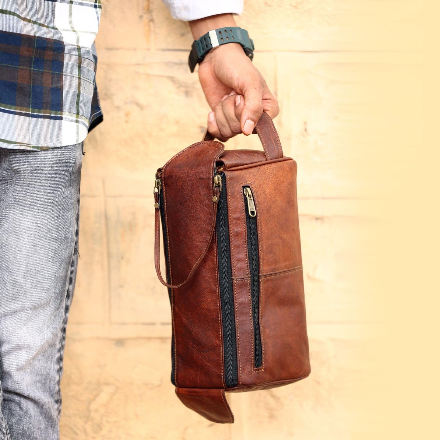 ANUENT Genuine Leather Toiletry Bag Large Dopp Kit for Men & Women Travel Pouch Cosmetic Organizer Best Toiletries Bags for Bathroom and Traveling Mens Shaving Kit, (Brown)