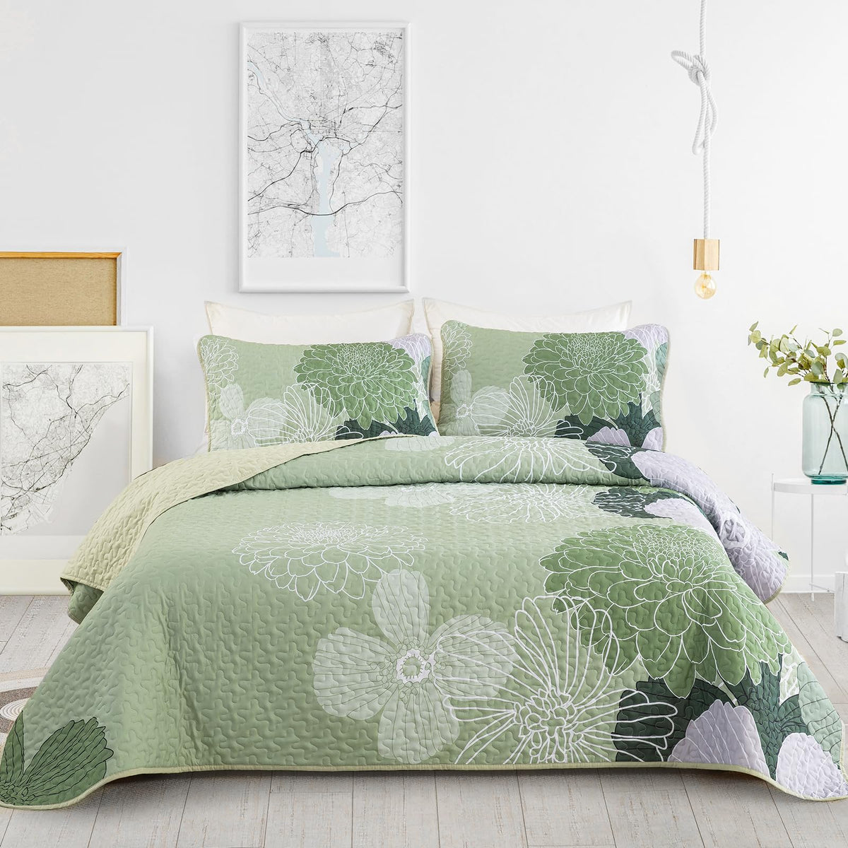 Yiran Floral Quilt Set Queen Size Sage Green Botanical Bedspreads Bedding Set 3 Pieces Lightweight Summer Coverlet with 2 Pillow Shams 96x90 Inch