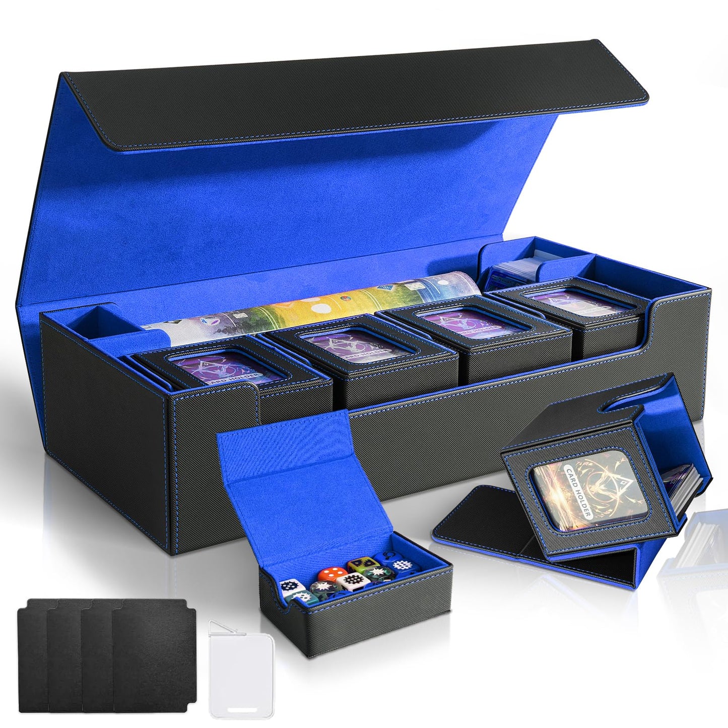 Jaffzora Card Deck Box for MTG Commander, Large 6 in 1 Card Storage Display Case with 5PCS TCG Deck Boxes & Dice Tray, Holds 2400+ Unsleeved Trading Cards (Black&Blue Set)