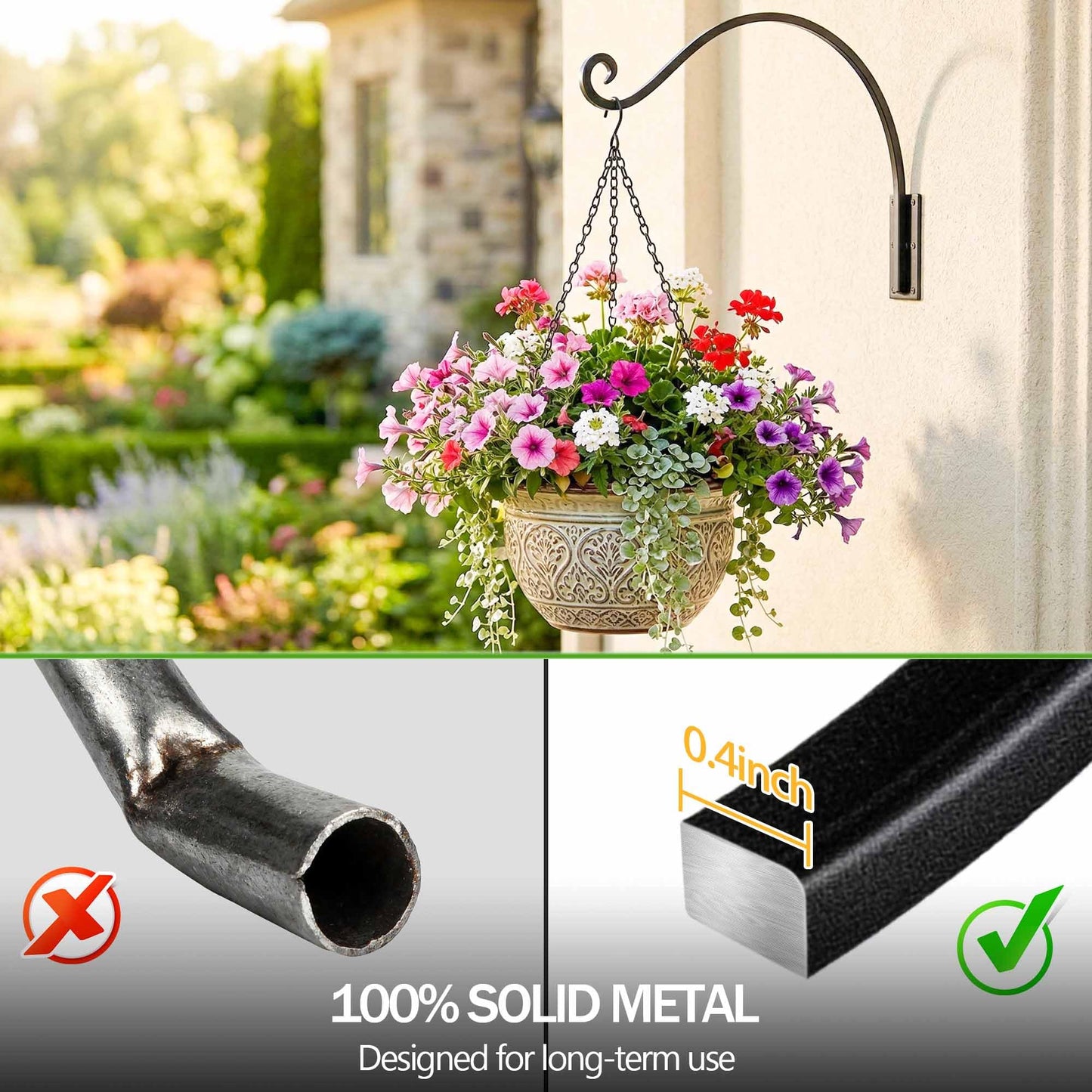 Heavy Duty Plant Hanger Bracket (16"/Black), 80lbs Weight Capacity - Outdoor Hand-Forged Hanging Plant Bracket Durable and Stable Bird Feeder Hanger