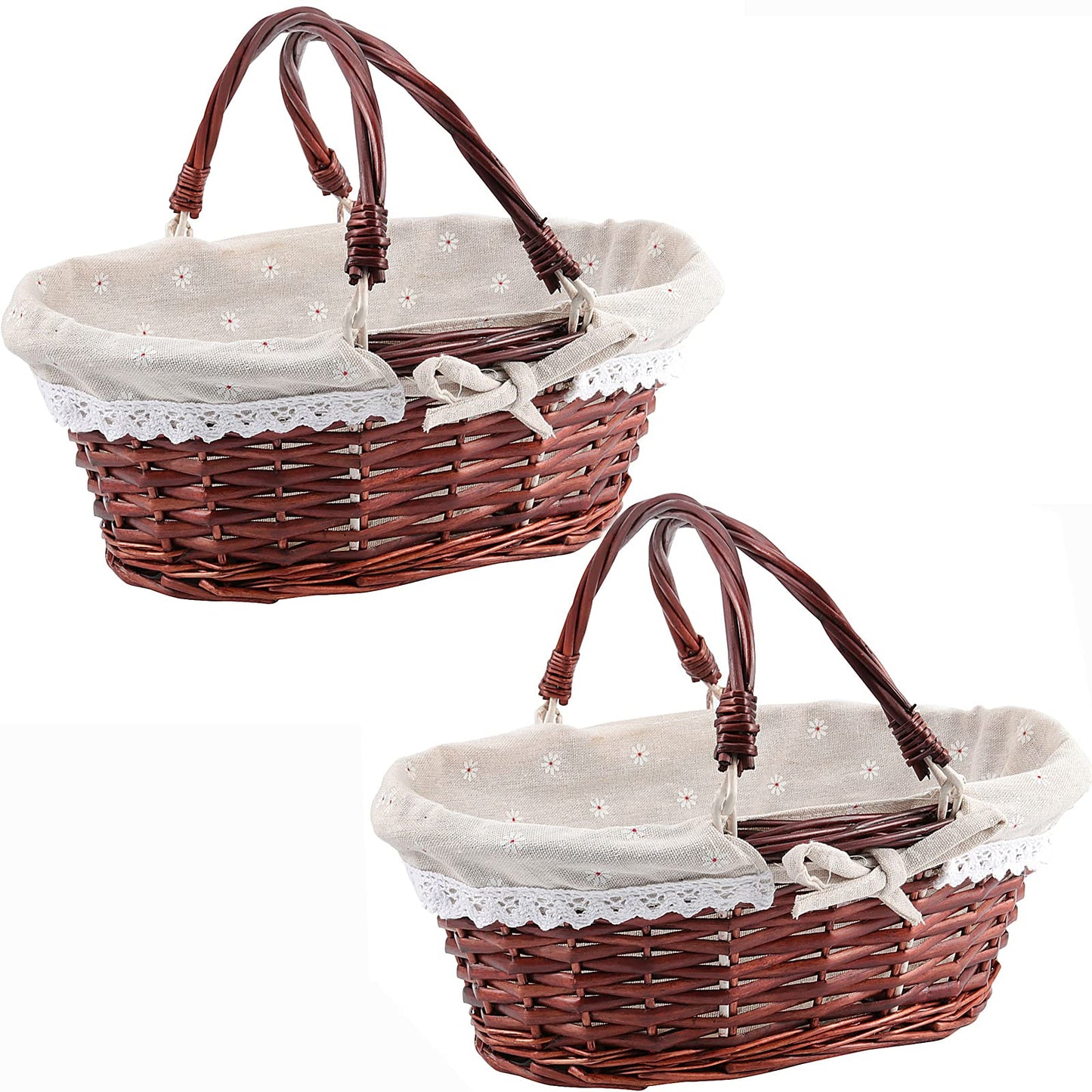 ZOENHOU 2 PCS Brown Wicker Woven Basket, Willow Storage Harvest Basket with Handles and Liner for Picnic Fruit Vegetable Picking Egg Candy Gathering Valentines