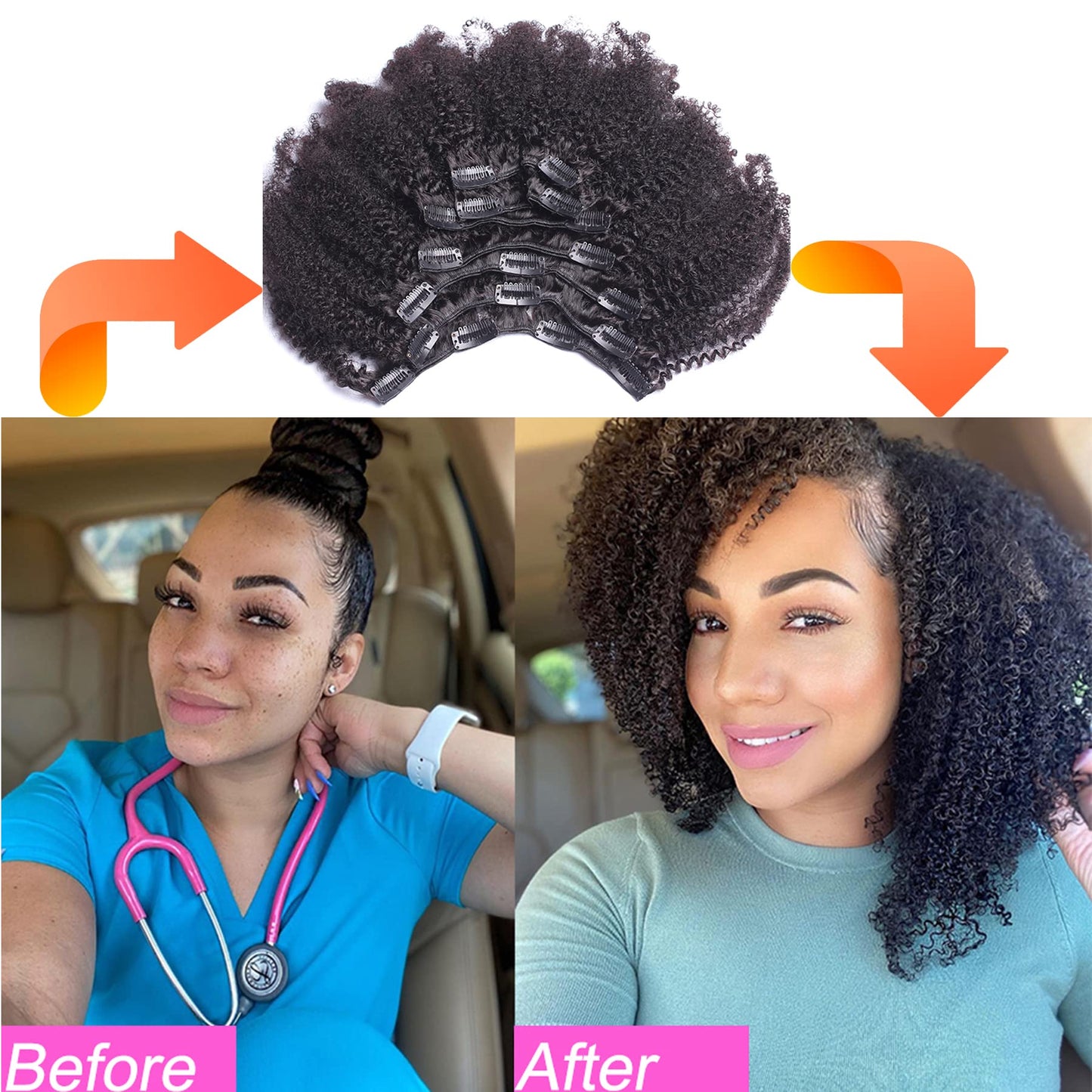 Kabadu Hair 9a Grade Clip In Hair Mongolian Afro Kinky Curly Clip In hair 8pcs 18clips/set Mongolian Virgin Human Hair Clip Ins Natural Black Color (1 bundle 10inch, natural black)