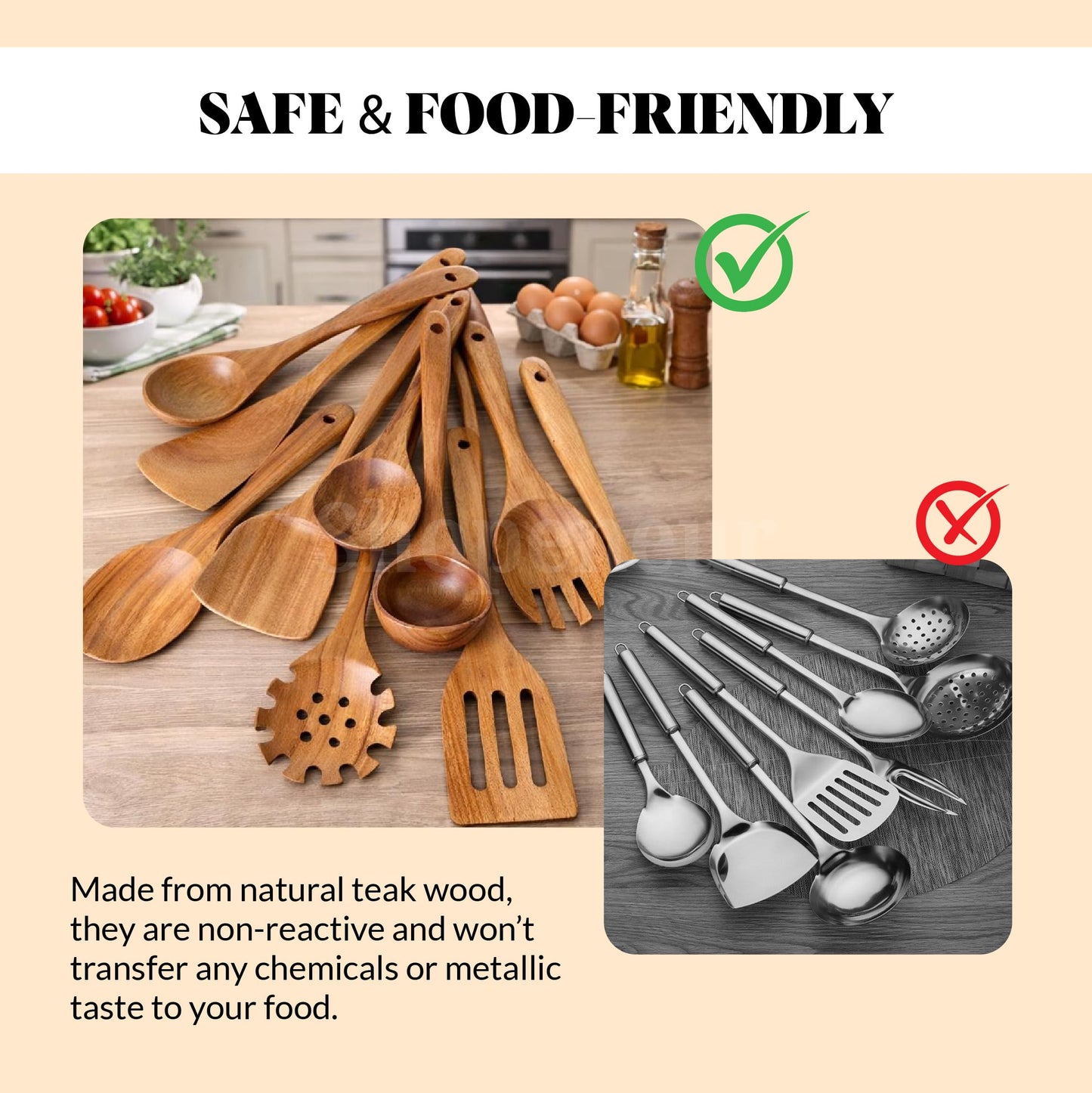Wooden Spoons, 10 pcs Wooden Utensils for Cooking, Teak Wooden Spoon Set, Non-Toxic, Lightweight & Heat Resistant for Nonstick Pans & Cookware with Holder, Spoon Rest & Hooks.