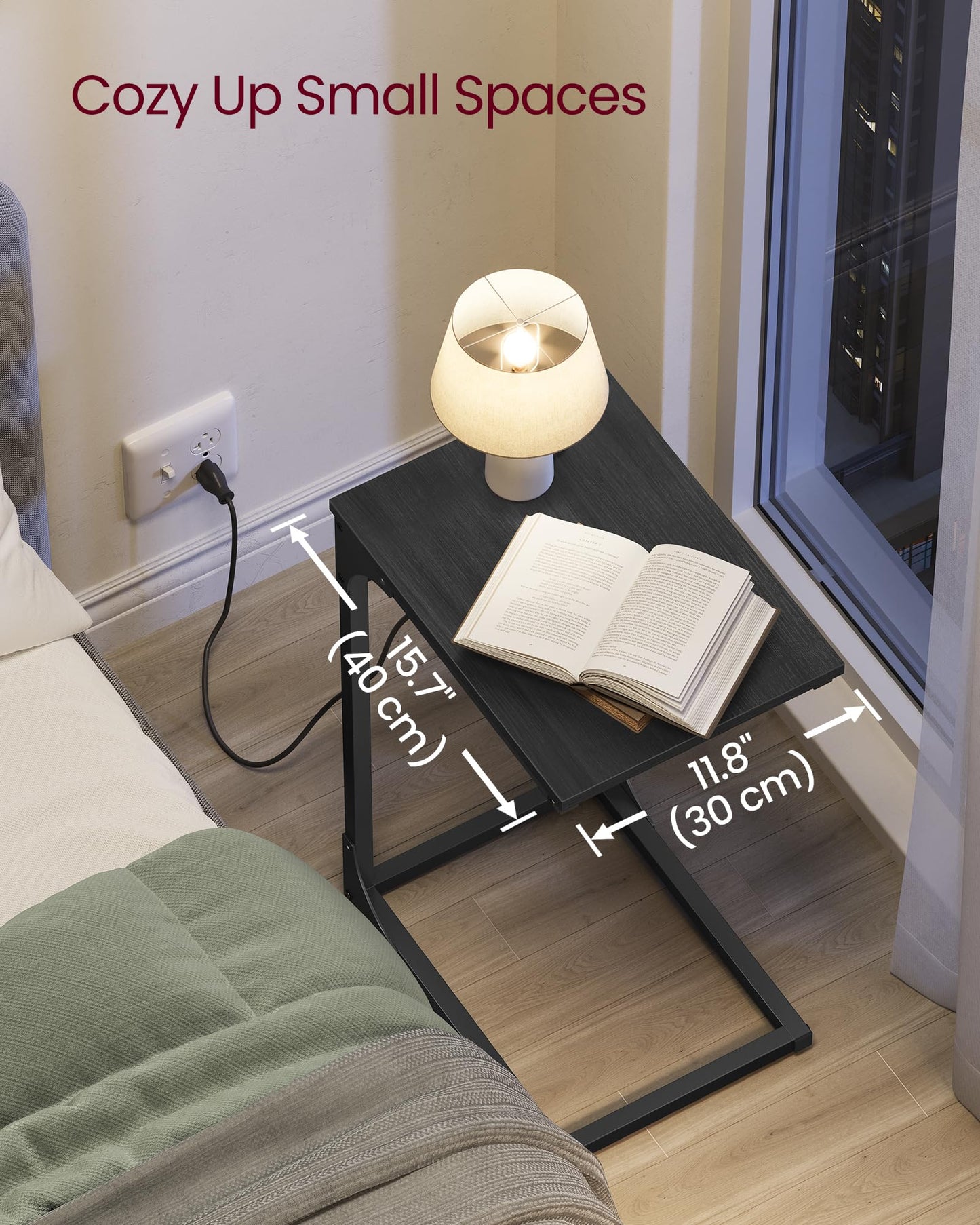 VASAGLE C-Shaped End Table for Couch, Sofa Side Table with Charging Station, Metal Frame, for Living Room, Bedroom, Gray Oak and Ink Black ULET362G01