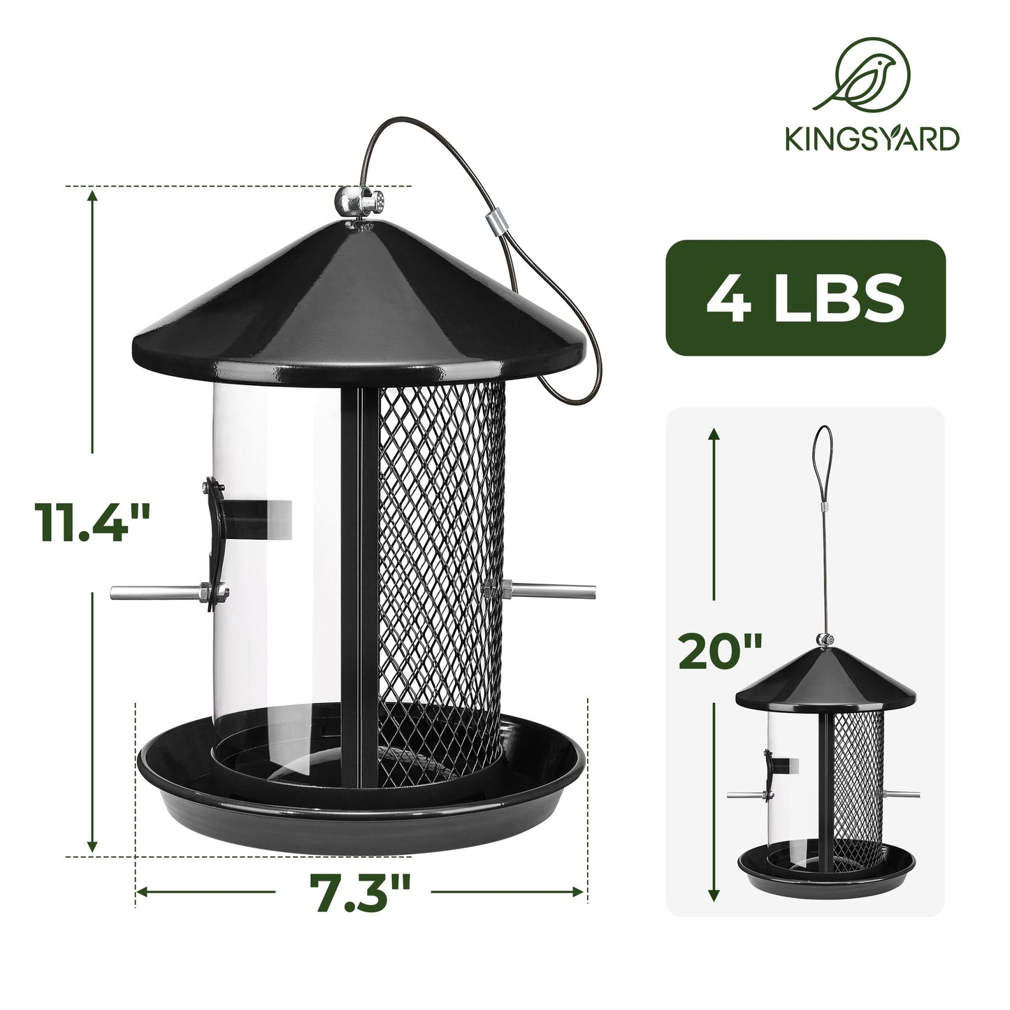 Kingsyard Metal Bird Feeder for Outdoor Hanging - Chew Proof Wild Bird Finch Cardinal Feeder with Dual Chamber of 4 lbs Capacity for Bluebird, Black