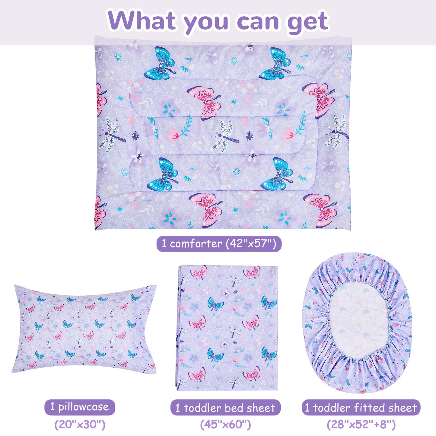 Lasoftan Butterfly Toddler Bedding Set for Girls, 4 Piece Bed-in-a-Bag Toddler Comforter Sets, Super Soft and Comfortable Microfiber Todeeler Bed Set
