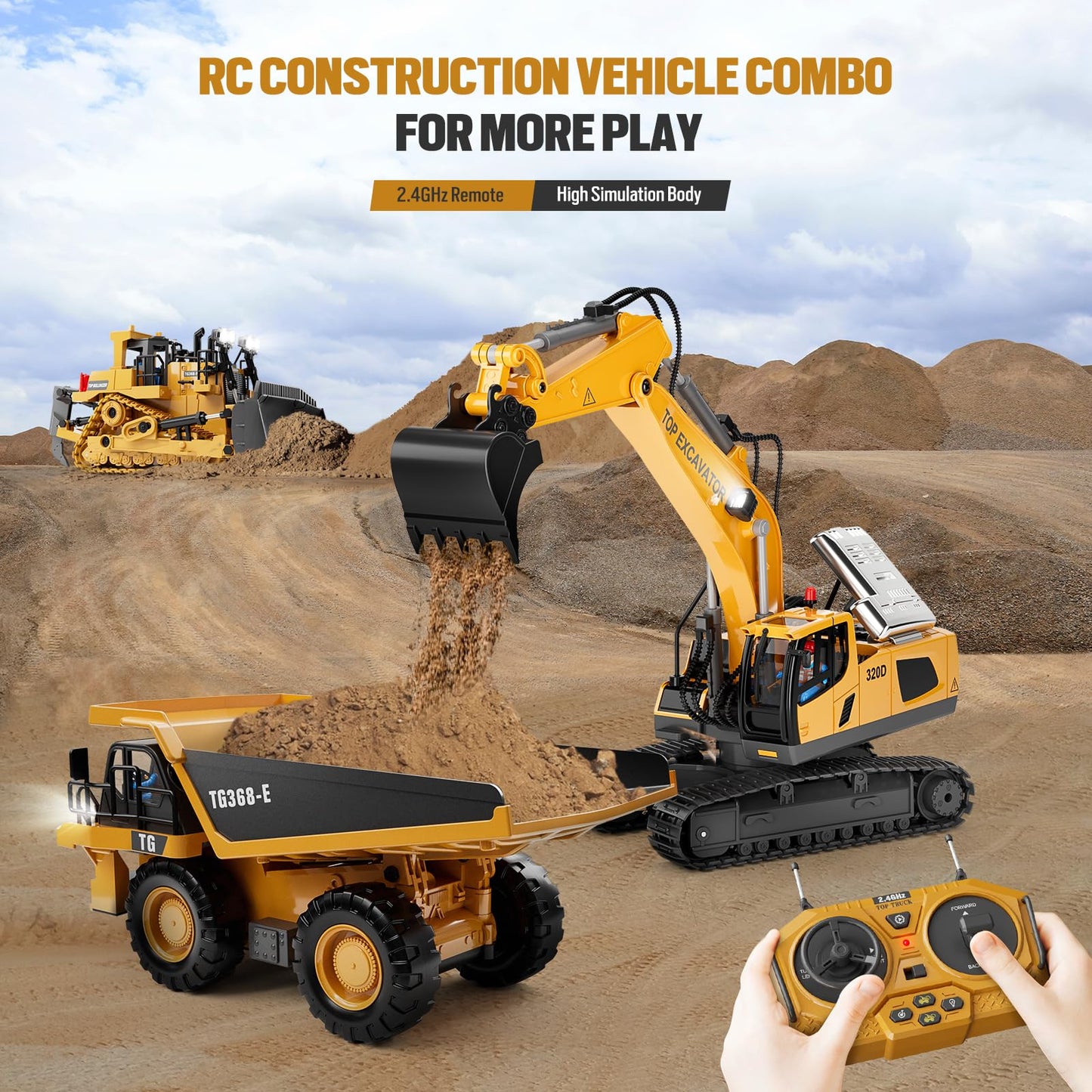 WELIN Remote Control Dump Truck Toys, Construction Vehicles with Metal Bed & 2 Rechargeable Batteries, 9-Channel RC Truck Games with Lights & Sound, Birthday Gifts for Kids Boys Ages 3-12