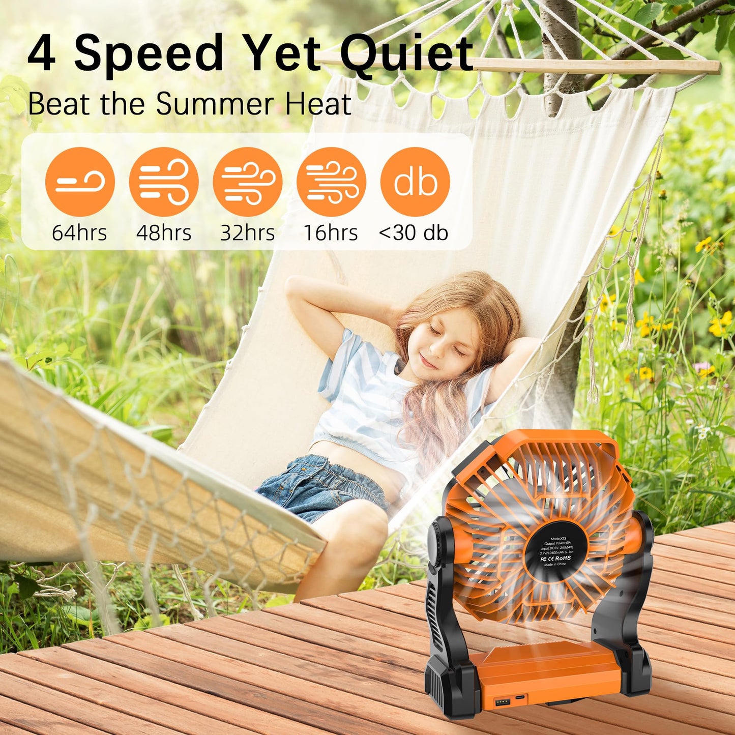 Kssvzz Portable Camping Fan with LED, 20000mAh Rechargeable Battery Powered Fan, 270°Pivot Personal USB Fan, 4 Speed Quiet Table Fan, 9’’ Battery Operated Tent Fan for Travel, Picnic(Orange)