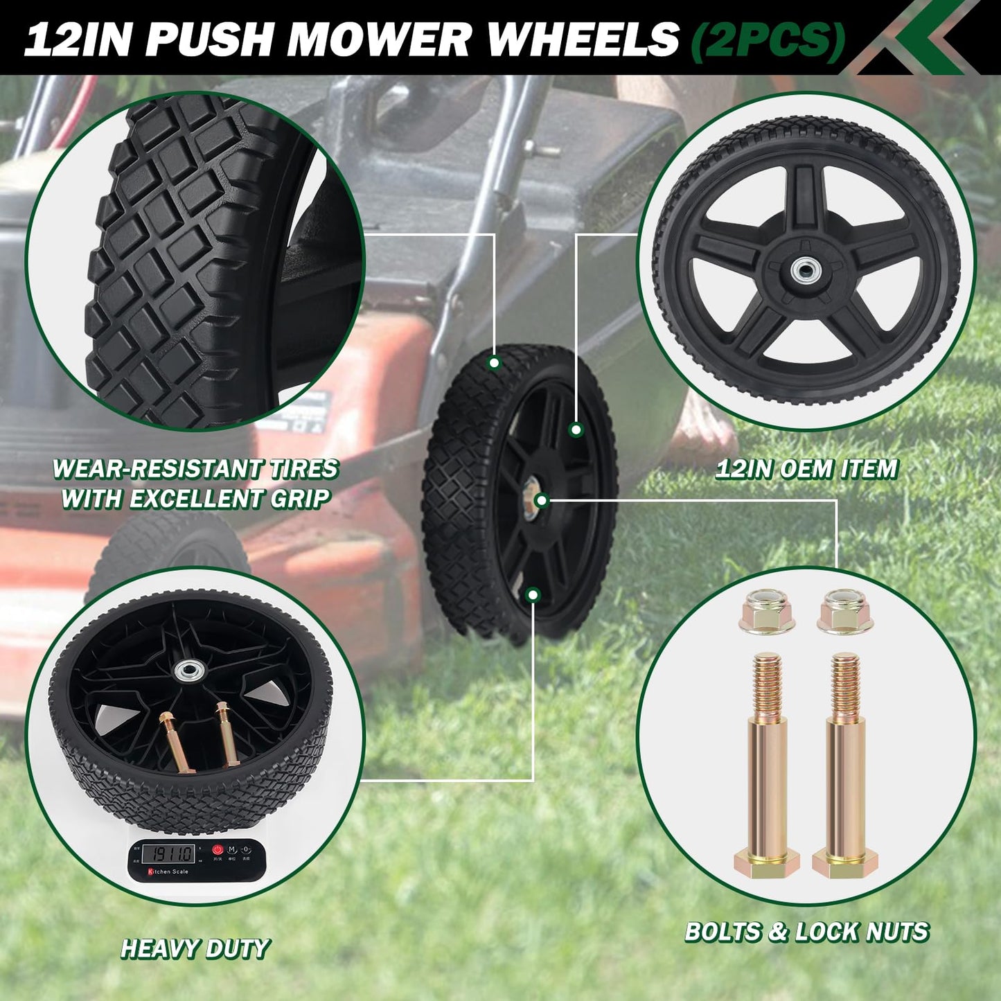 CheeMuii 12 Inch Lawn Mower Wheels 2 Pack 12" Push Lawn Mower Wheels with Bolts and Lock Nuts Kit Fit for Most Standard push Lawn Mowers/Generator/Garden Tiller/Handtruck