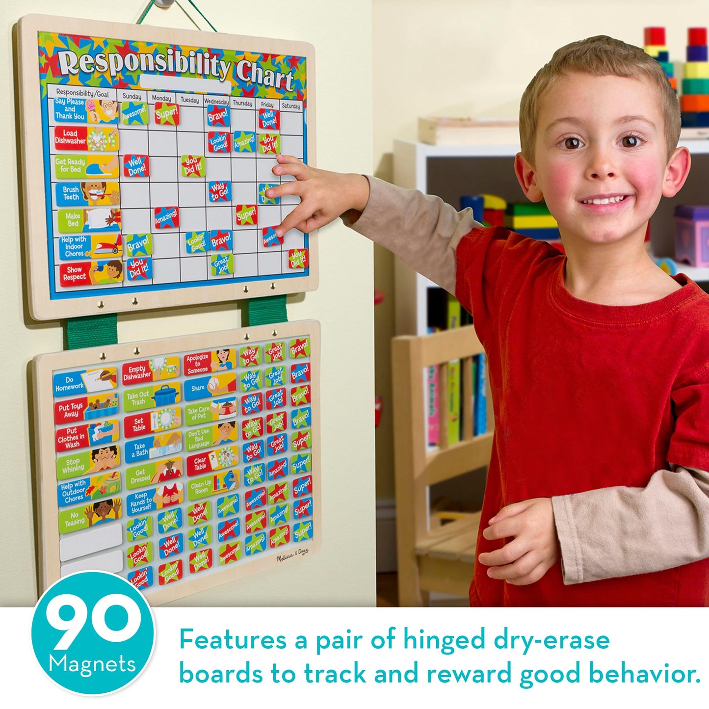 Melissa & Doug Magnetic Wooden Responsibility ChartToddler Routine, Kids Reward Board, Chores Chart, Responsibility Tool for Kids Ages 3+