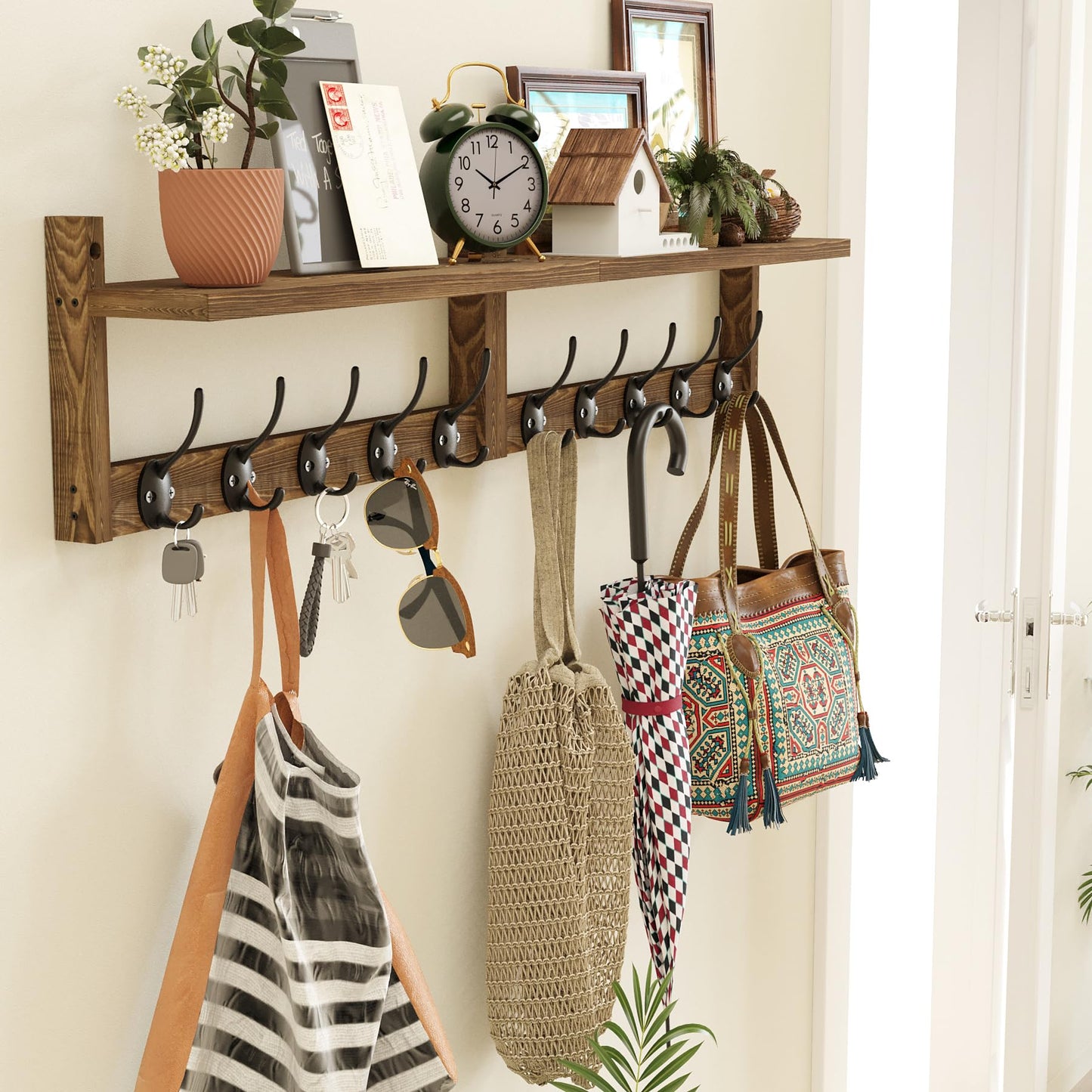AMBIRD 34.2inch Wooden Extra-Long Wall Hook Rack with Shelf - Versatile and Decorative Wall-Mounted Storage - 10 Hooks for Hanging Coats, Hats, Scarves - Ideal for Entryways, Bedrooms, Closets