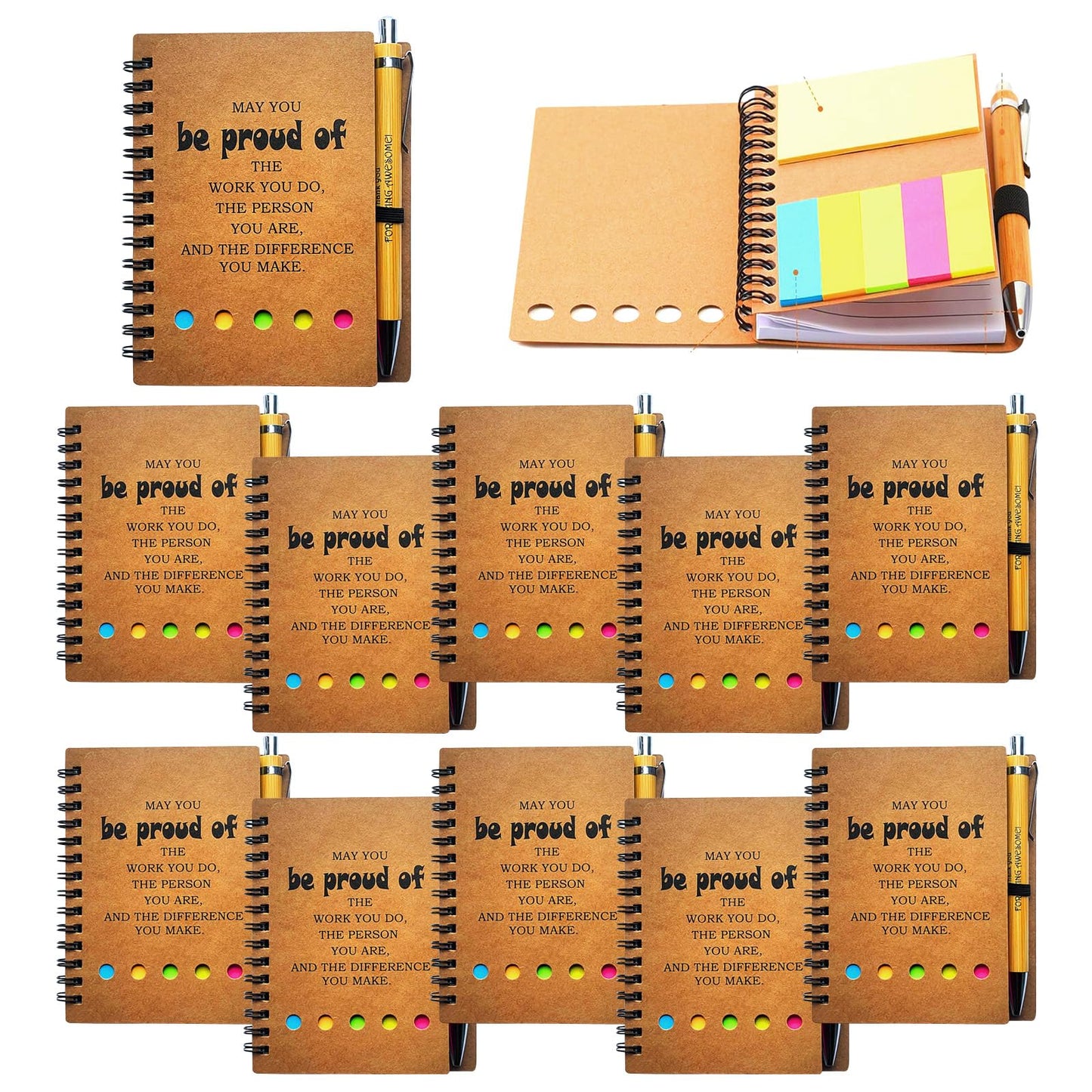 12 Sets Employee Appreciation Inspirational Spiral Notebook Journal with Sticky Note Notepad Motivational Bamboo Ballpoint Pen Bulk for Nurse Teacher Student Coworker Thank You Present