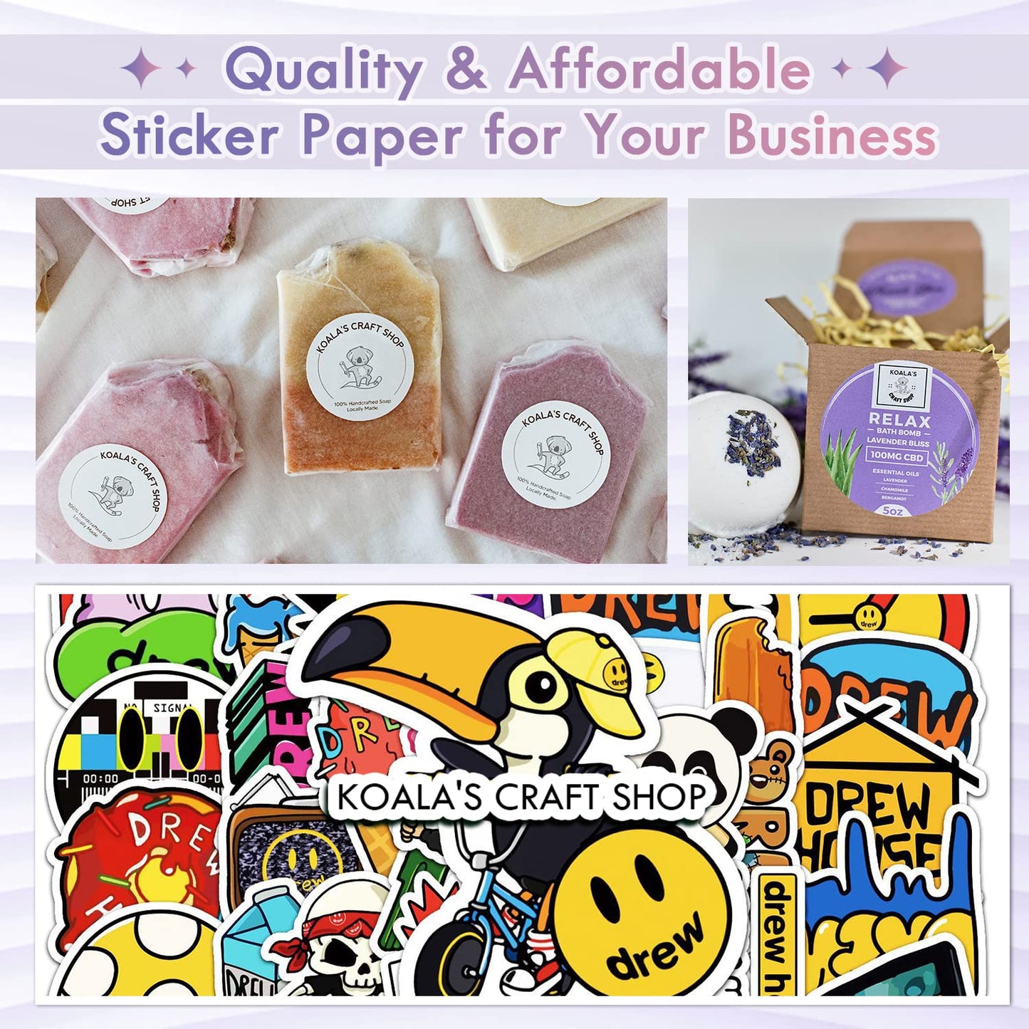 Koala Printable Vinyl Sticker Paper for Inkjet Printers - 100 Sheets Glossy White Waterproof Adhesive Label Paper - 8.5x11 Inch, Tear-Resistant, Removable
