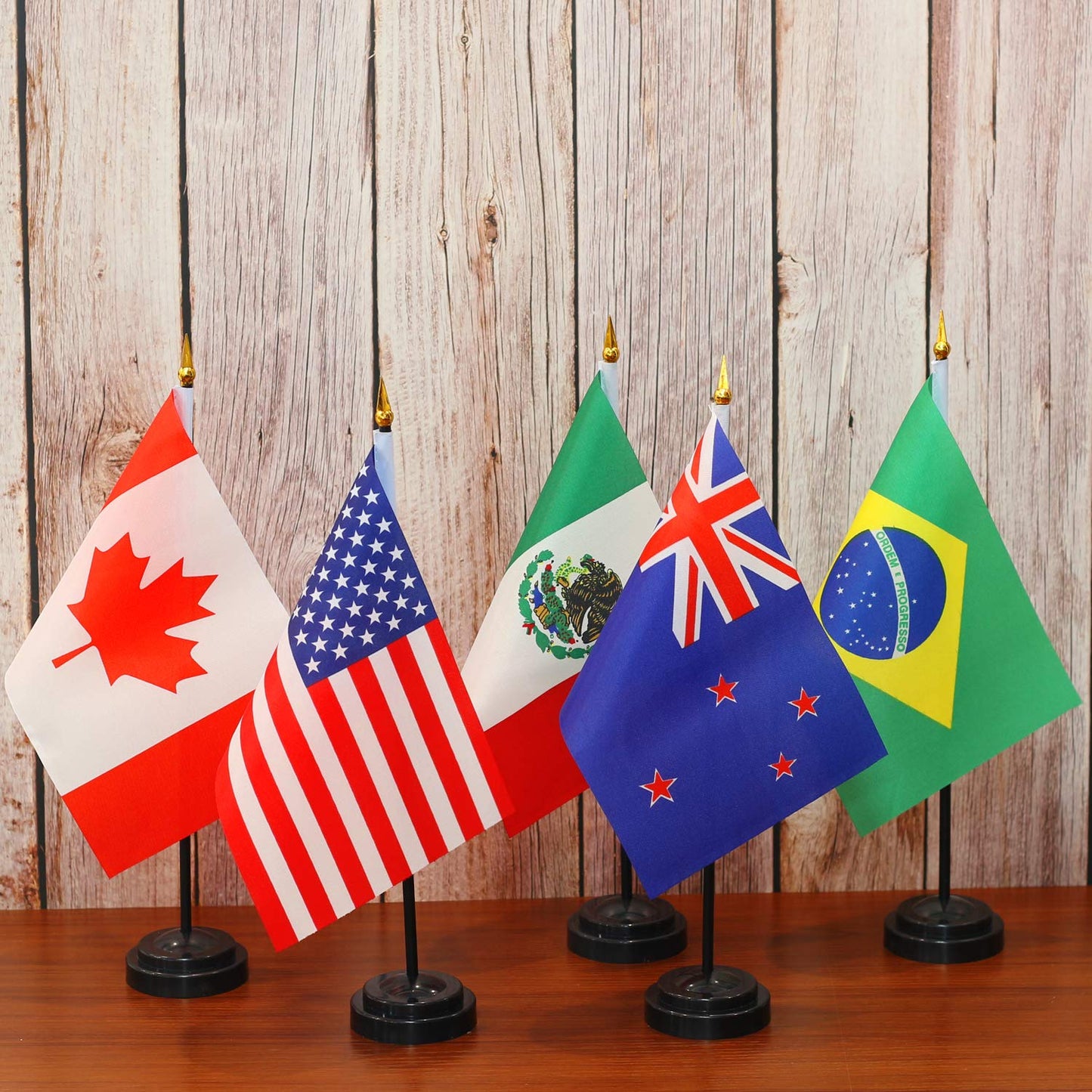 ANLEY 24 Countries Deluxe Desk Flags Set - 7.5 x 5.5 Inches Miniature American US Desktop Flag with 12.5" Black Pole - Vivid Color and Fade Resistant - Come with Black Base and Black Top