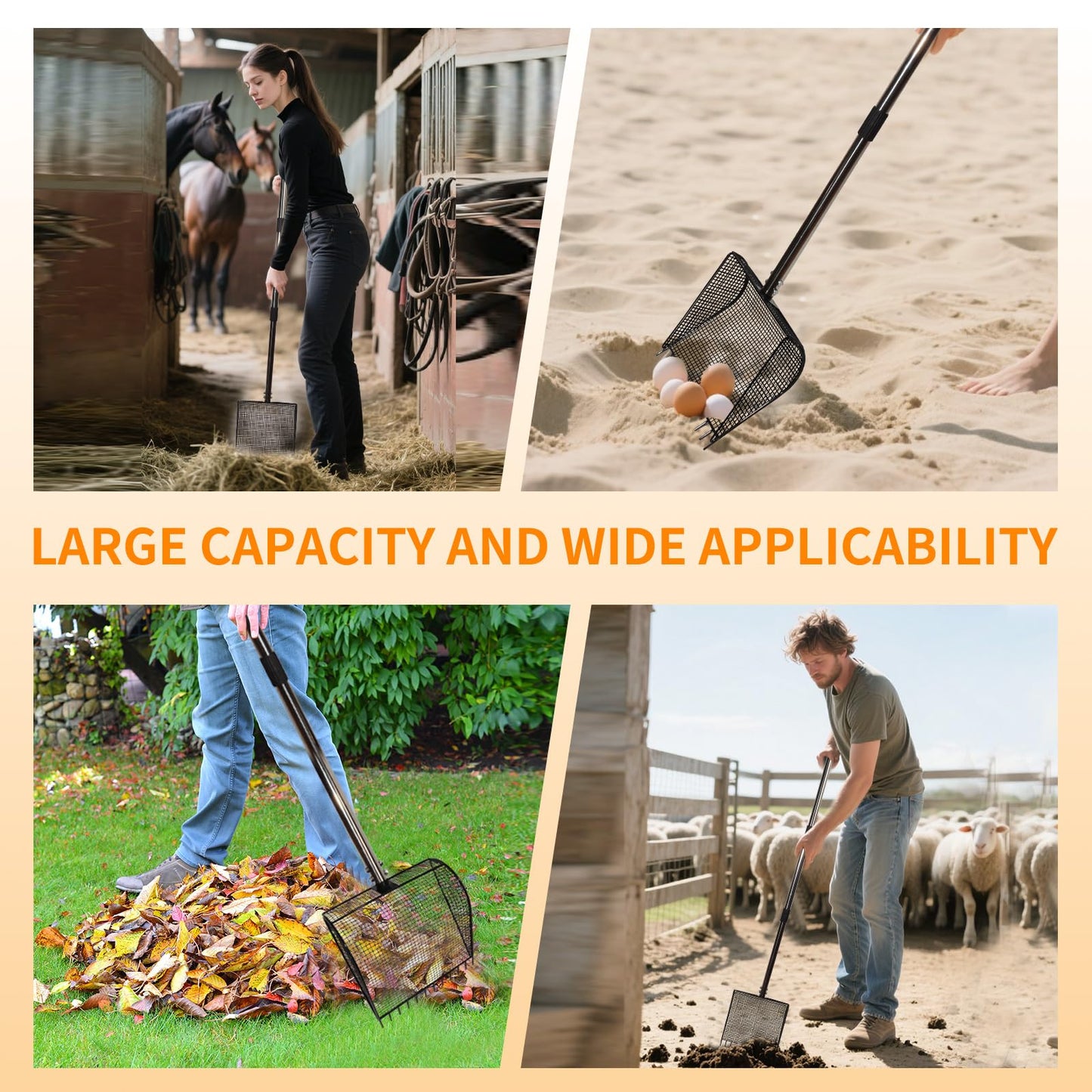 Chicken Poop Scooper & Rake 2-in-1 Metal Coop Shovel,Adjustable Stainless Steel Handle,Cleaning Tools for Chicken Coops & Farm Animals Scoop for Litter Scooper Sand Sifting Shovel Chicken Coops