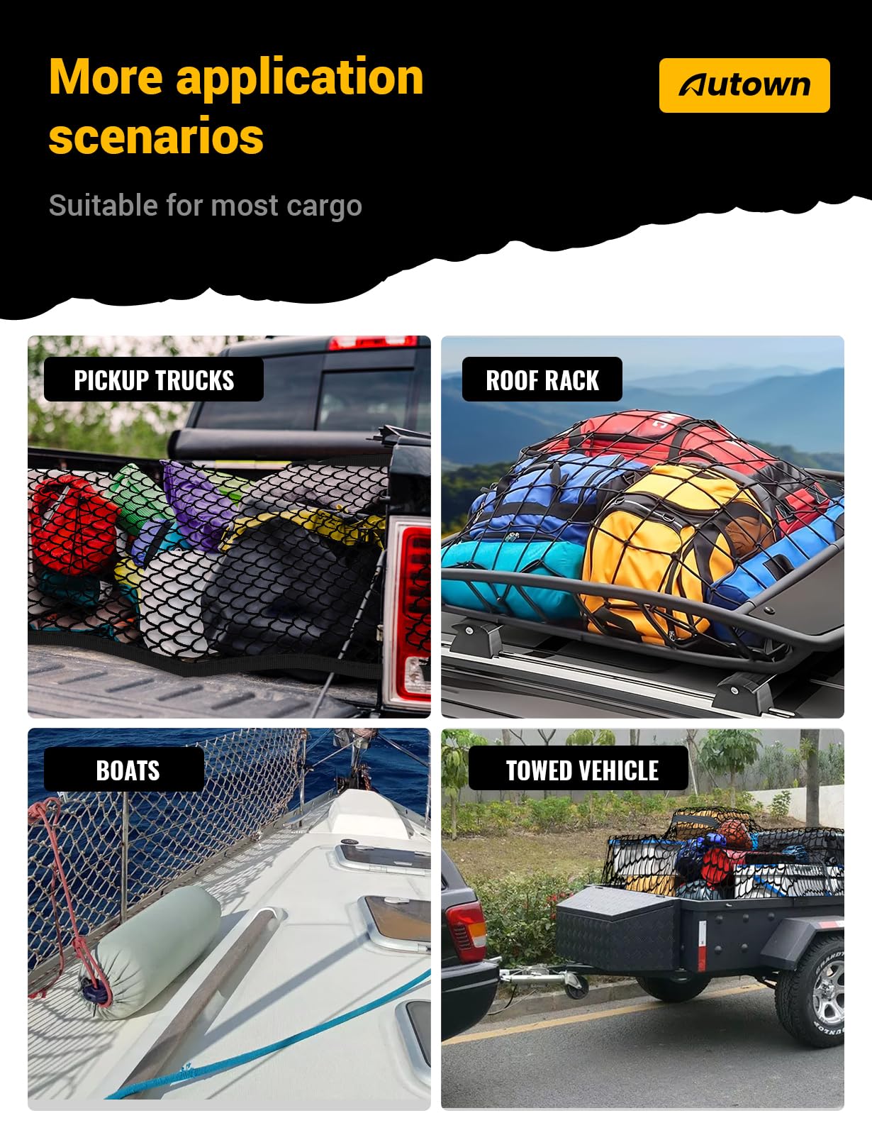 Cargo Net for Pickup Truck Bed - Stretchable 4'x4' to 7'x7', High Elastic Fine Mesh 1''x1'' with 8 Metal Carabiners - Ideal for ATV, SUV, UTV, Truck and Boat Use (Double Layer)