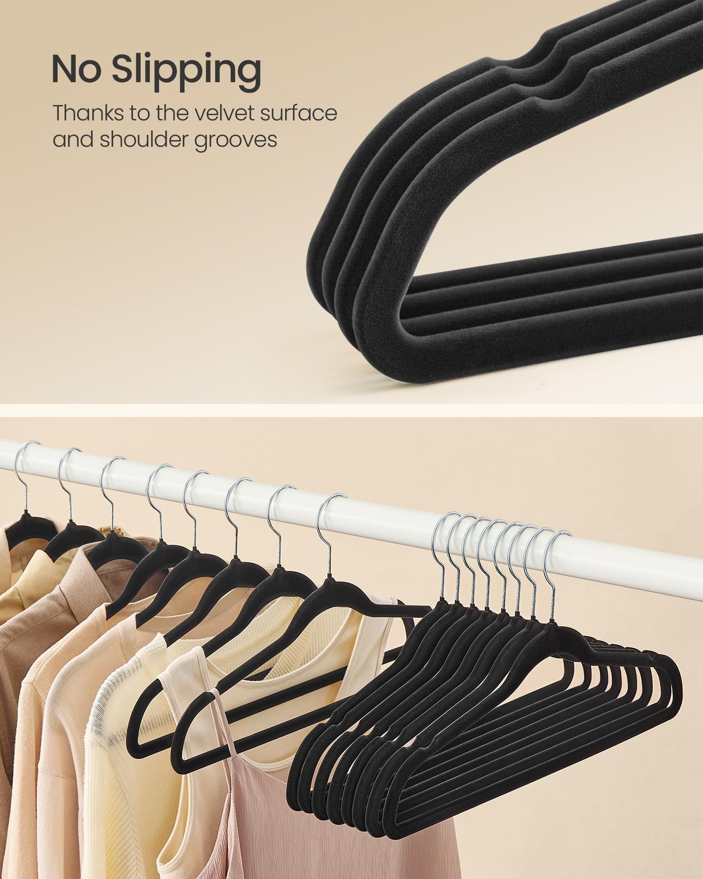 SONGMICS Velvet Hangers, Non-Slip Clothes Hangers with Silver-Colored Swivel Hooks, Slim Space-Saving for Closet, Heavy-Duty, Black 60 Pack UCRF036BZ01