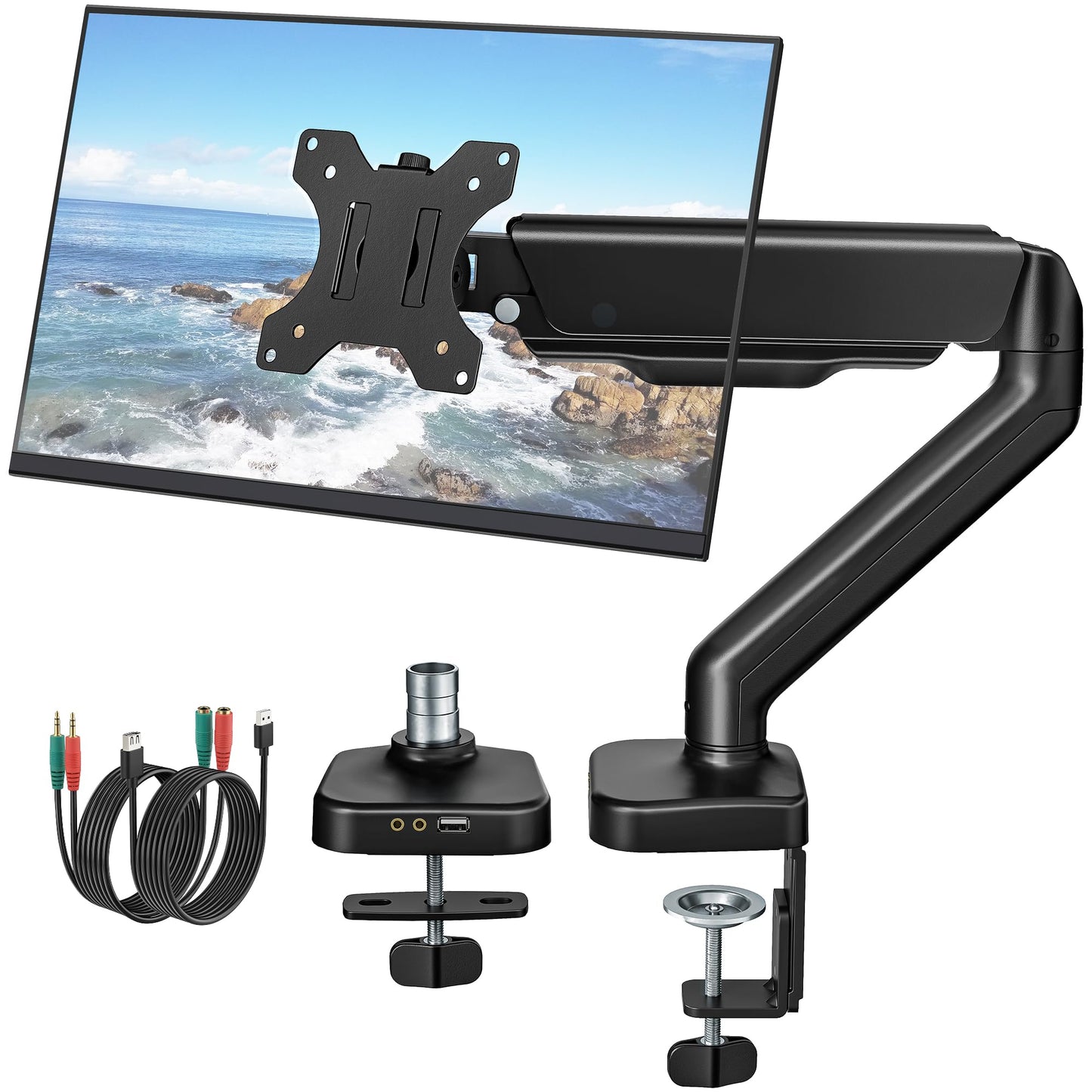 monTEK Heavy Duty Single Monitor Arm with USB/Audio Ports for 17-32” Screens, Premium Mechanical Spring Monitor Arm up to 19.8 lbs, Full Motion Monitor Desk Mount, VESA 75/100 mm, Clamp/Grommet