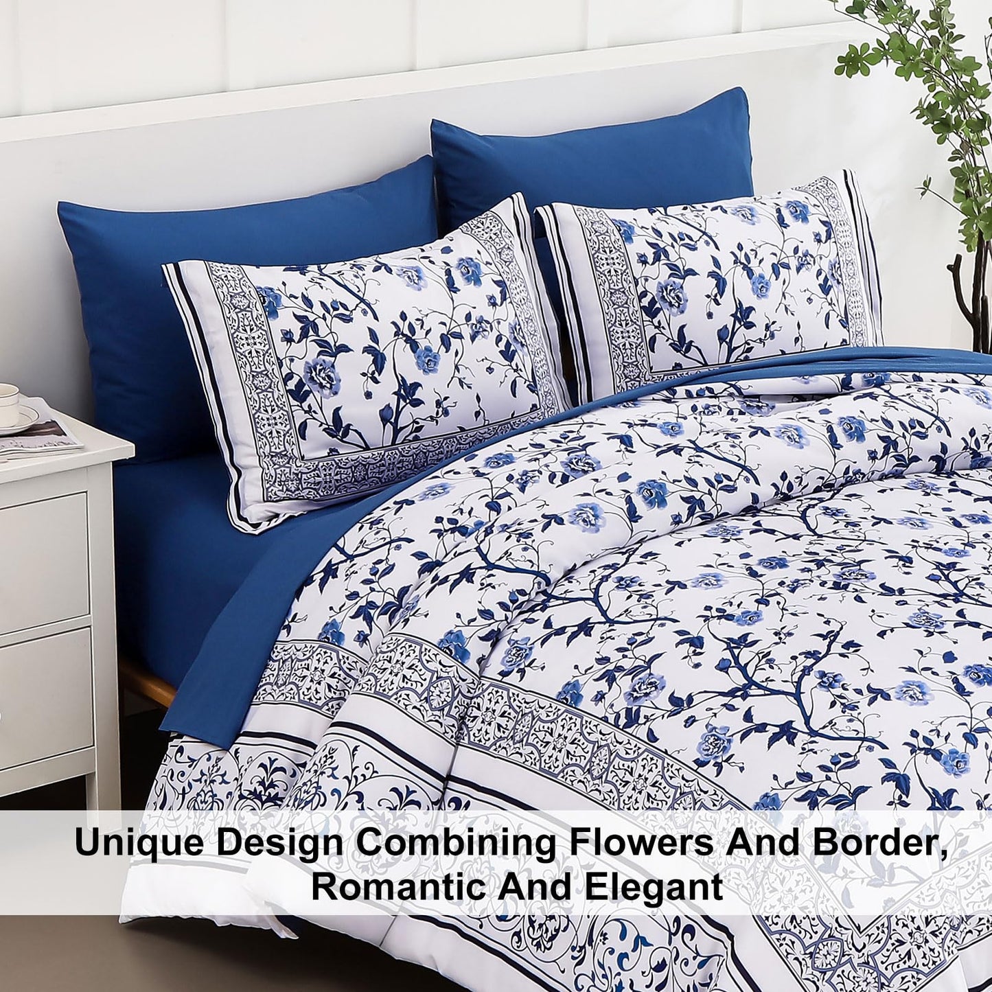 Floral Queen Comforter Set, 7 Piece Bed in a Bag Queen Size Blue Flowers on White Botanical Bedding Set, Soft Microfiber Bedding Comforter Sets with Sheets for All Season