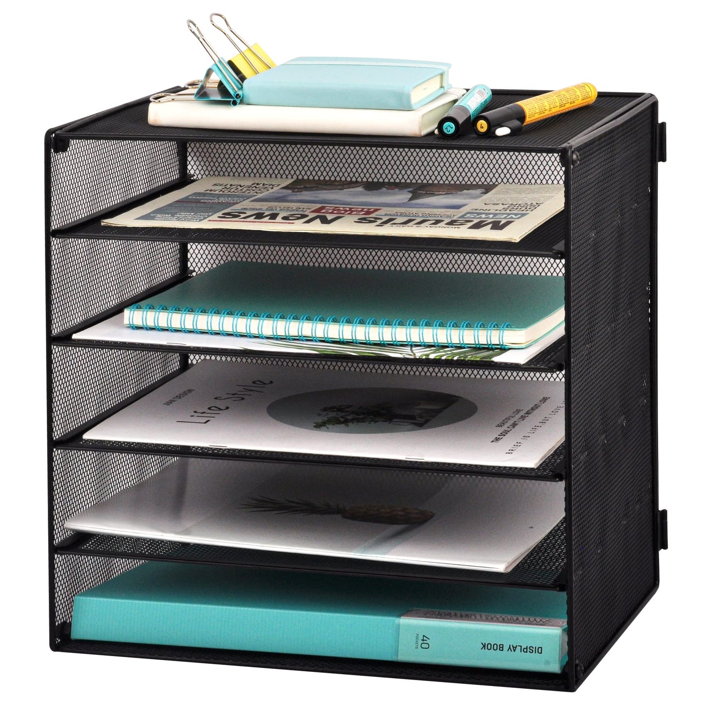 EASEPRES 6 Slot Wire Desk File Organizer Tray, Mesh Filling Paper Letter Tray Metal Desktop Paper Sorter Literature Organizer Rack for Home Office School, Black