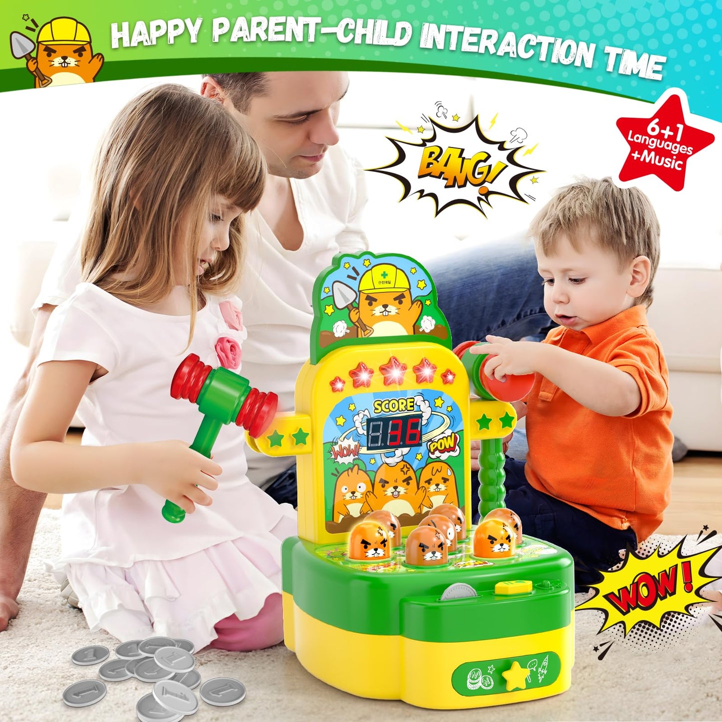 Arcade Game Toys for 3 Year Old, Electronic Mini Interactive Pounding Hammering Toys, Whack Game Mole, Gift Idea for Toddler Kids Girls Boys Ages 3 4 5 6 7 8+, Marmot Toy Cartoon Fun Style (Green)